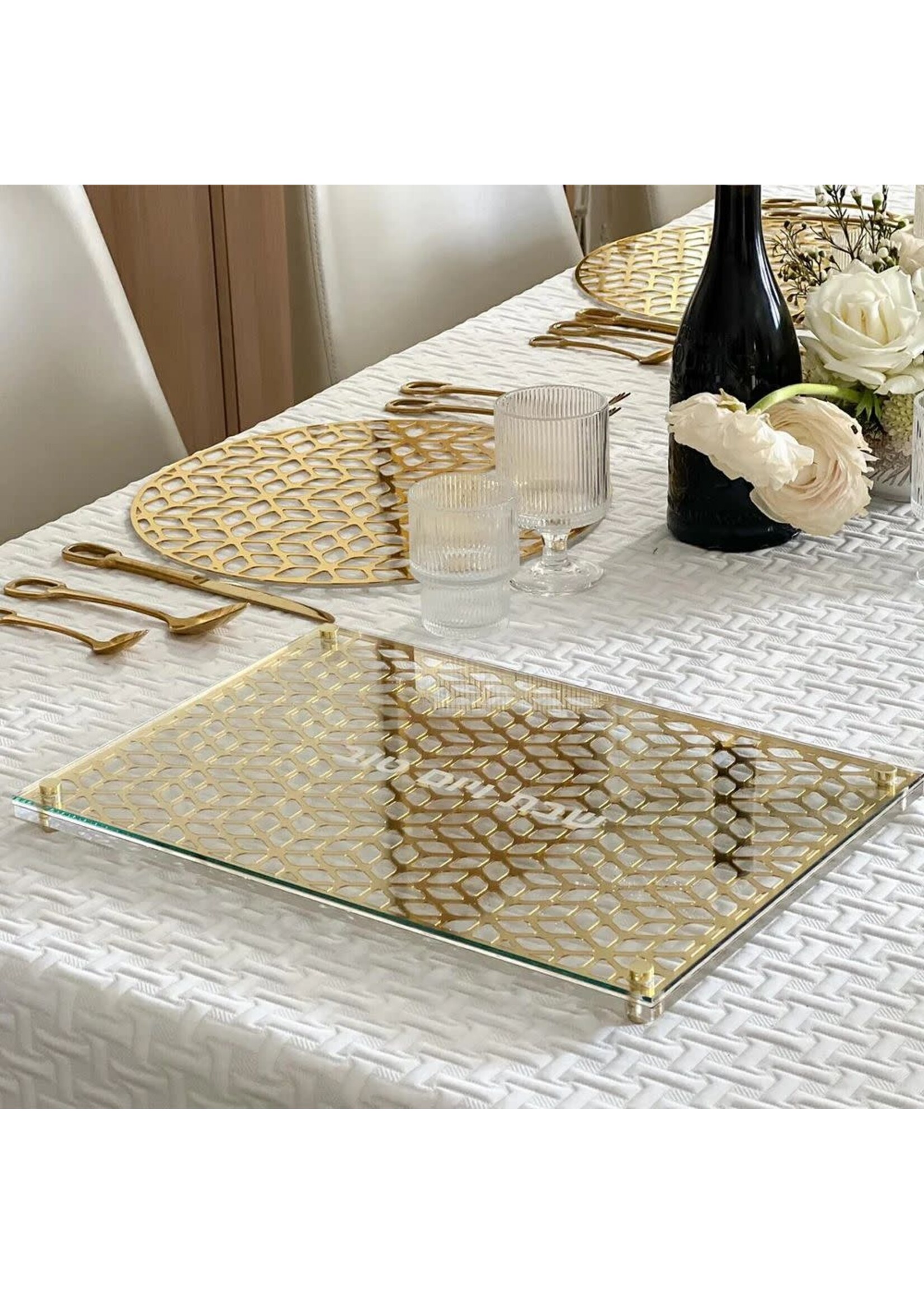 CHALLAH BOARD GEOMETRIC GOLD LASER CUT ACRYLIC & GLASS TOP
