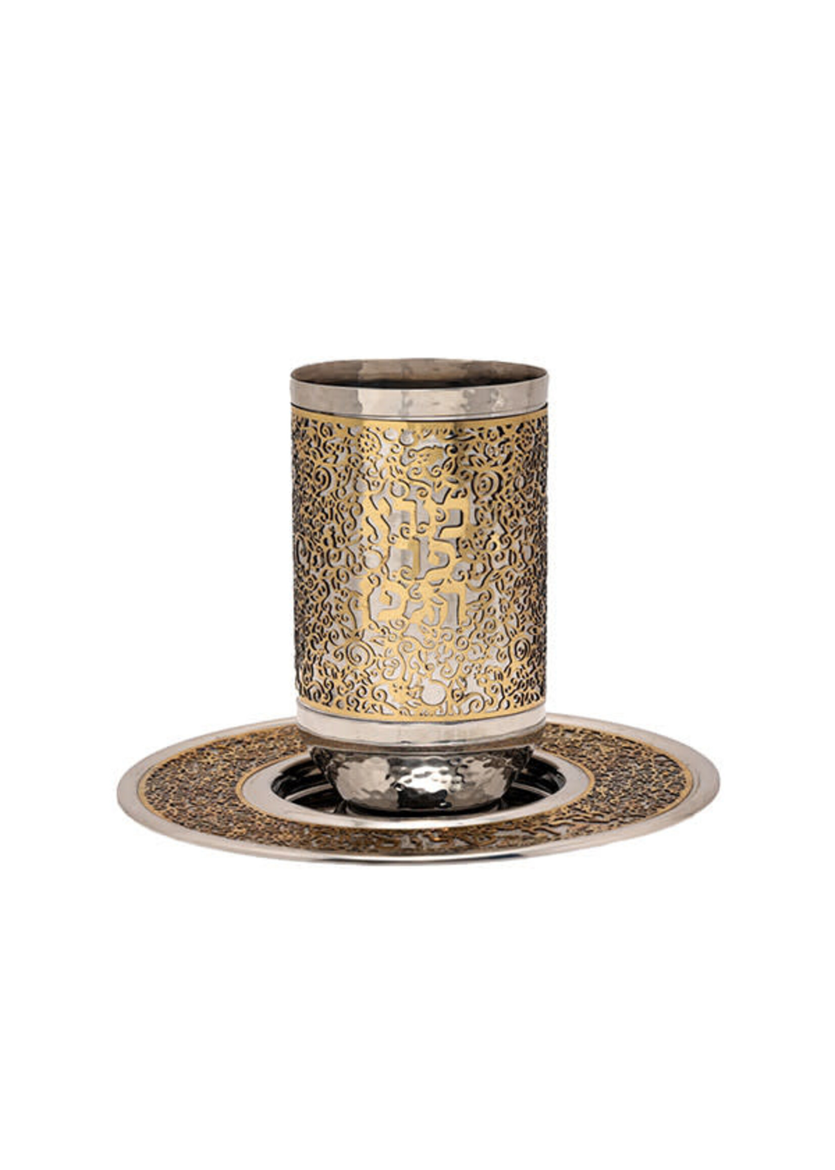 KIDDUSH CUP HAMMERED NICKEL & GOLD POMEGRANATE LASER CUT INLAY