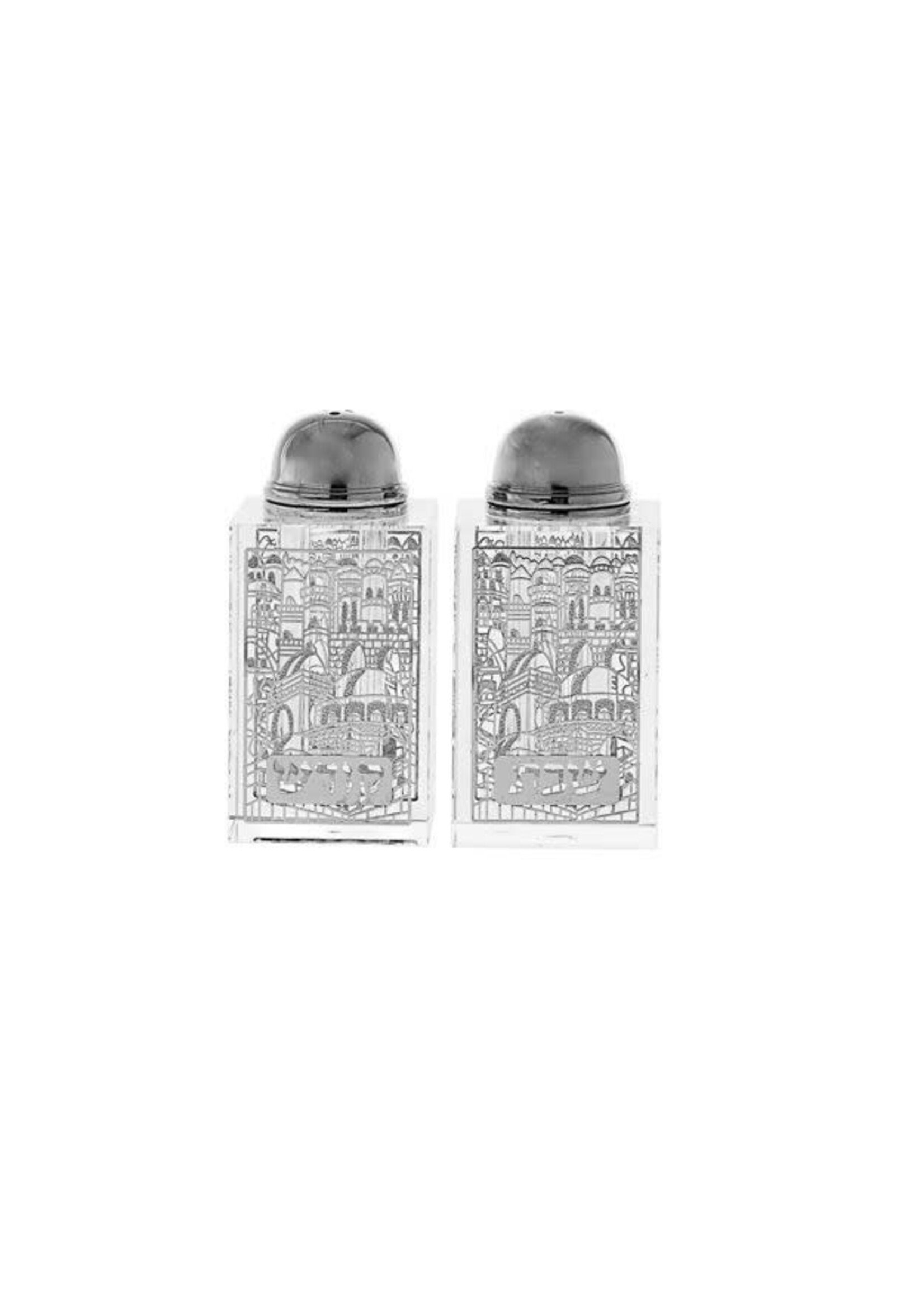SALT AND PEPPER  CRYSTAL SHAKERS LASER CUT SILVER JERUSALEM