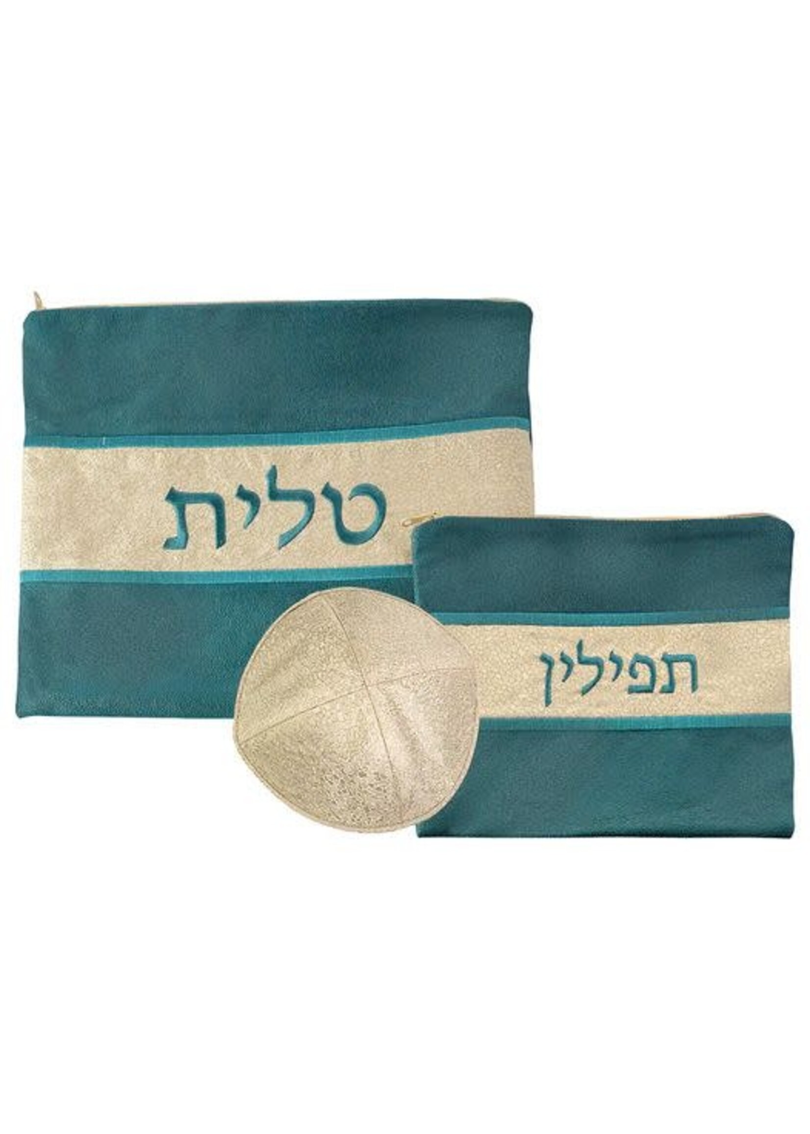 TALIT & TEFFILIN BAG SET TEAL & BEIGE LINEN
