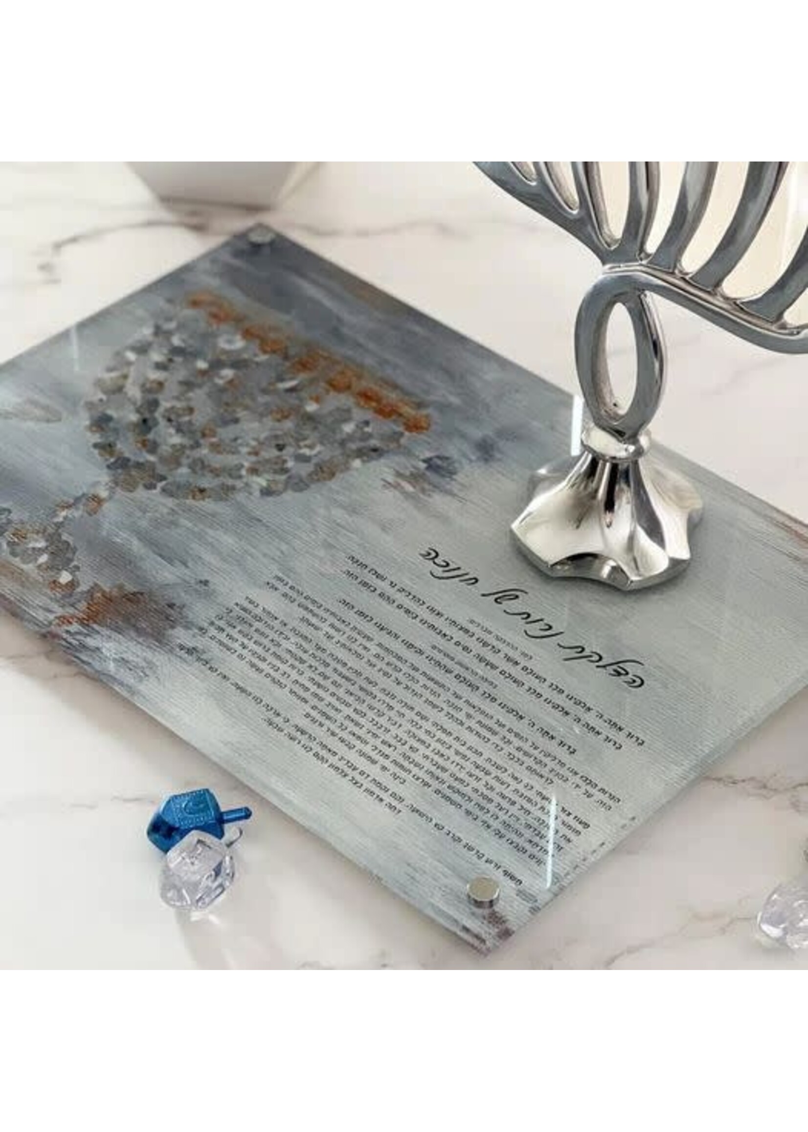 CHANUKAH TRAY WITH PAINTED BLESSING AND MENORAH