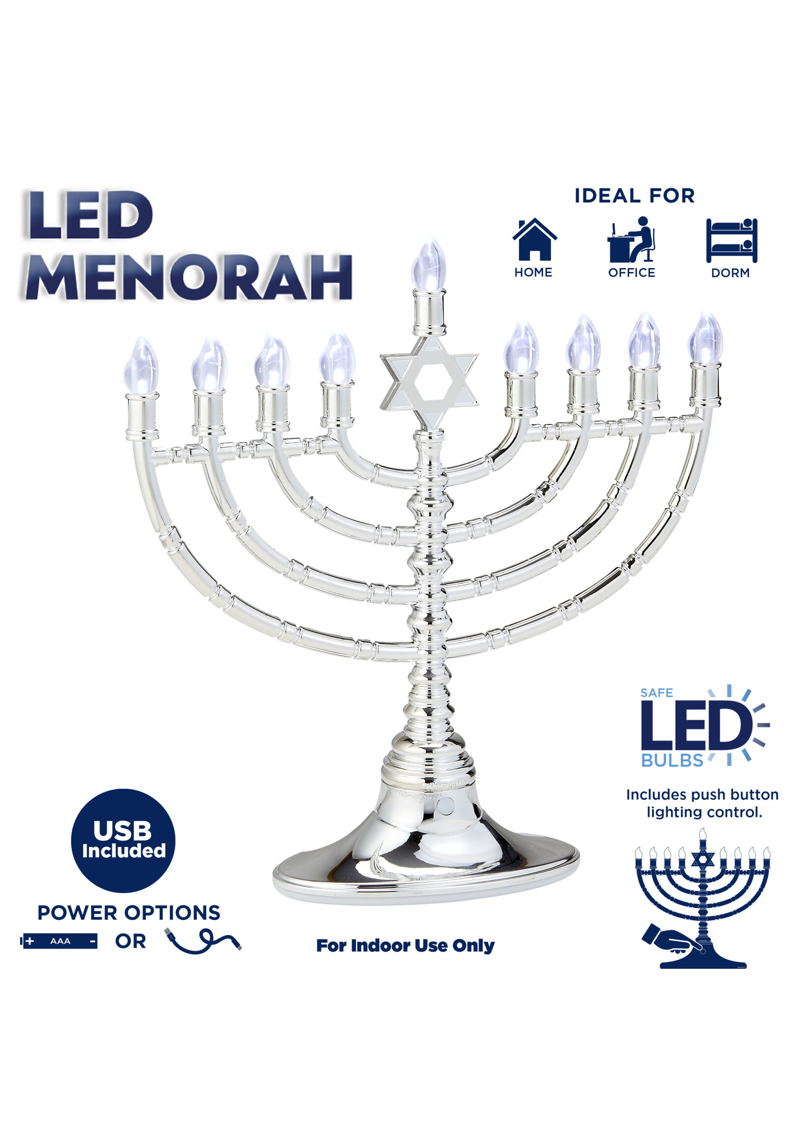 ELECTRIC MENORAH  SILVERTONE LED STAR OF DAVID