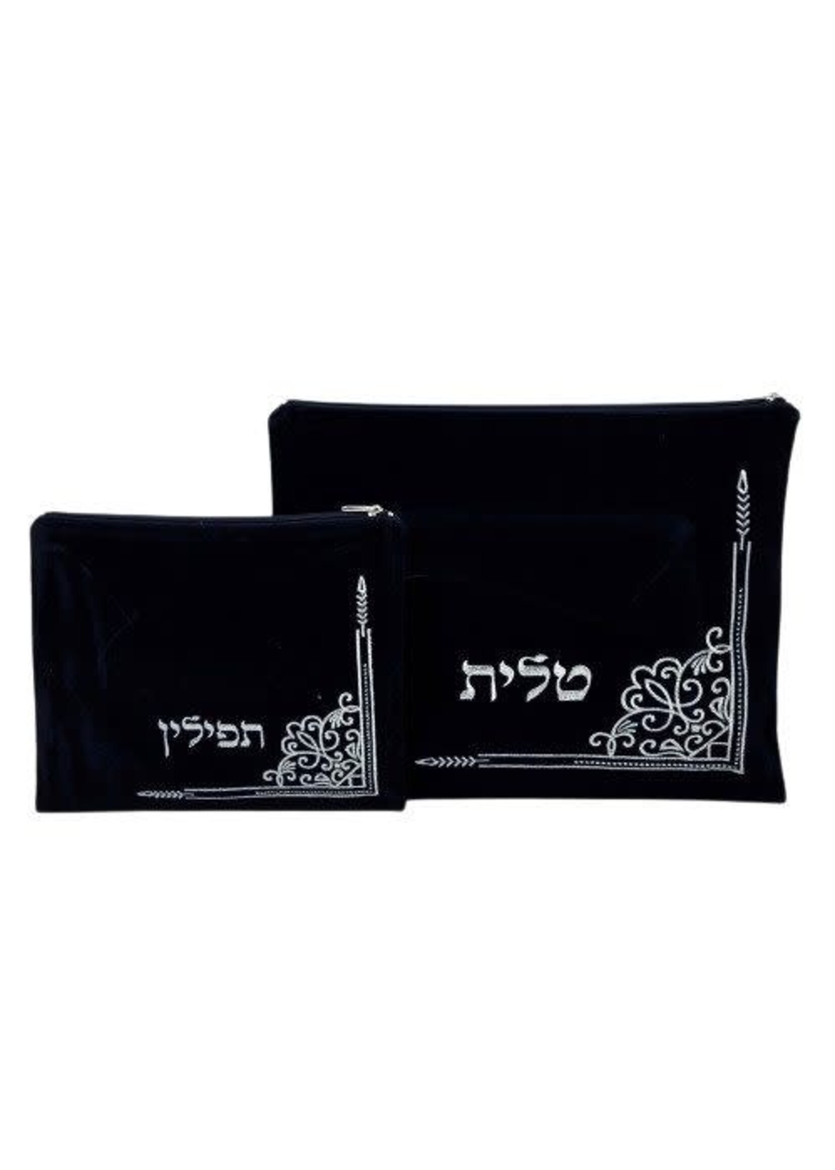 TALIT & TEFILLIN BAG SET NAVY VELVET SILVER CORNER EMBROIDERY