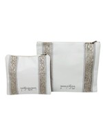 TALIT & TEFILLIN BAG SET SILVER VINES ON BEIGE VELVET WHITE VINYL