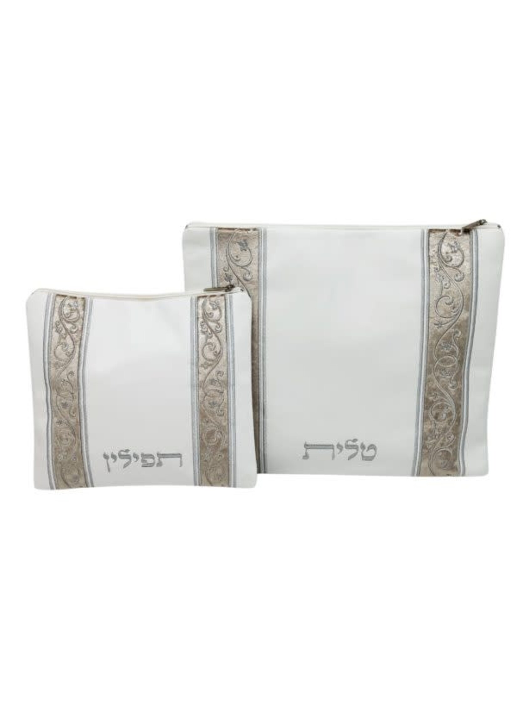 TALLIS & TEFILLIN BAG SET SILVER VINES ON BEIGE VELVET WHITE VINYL