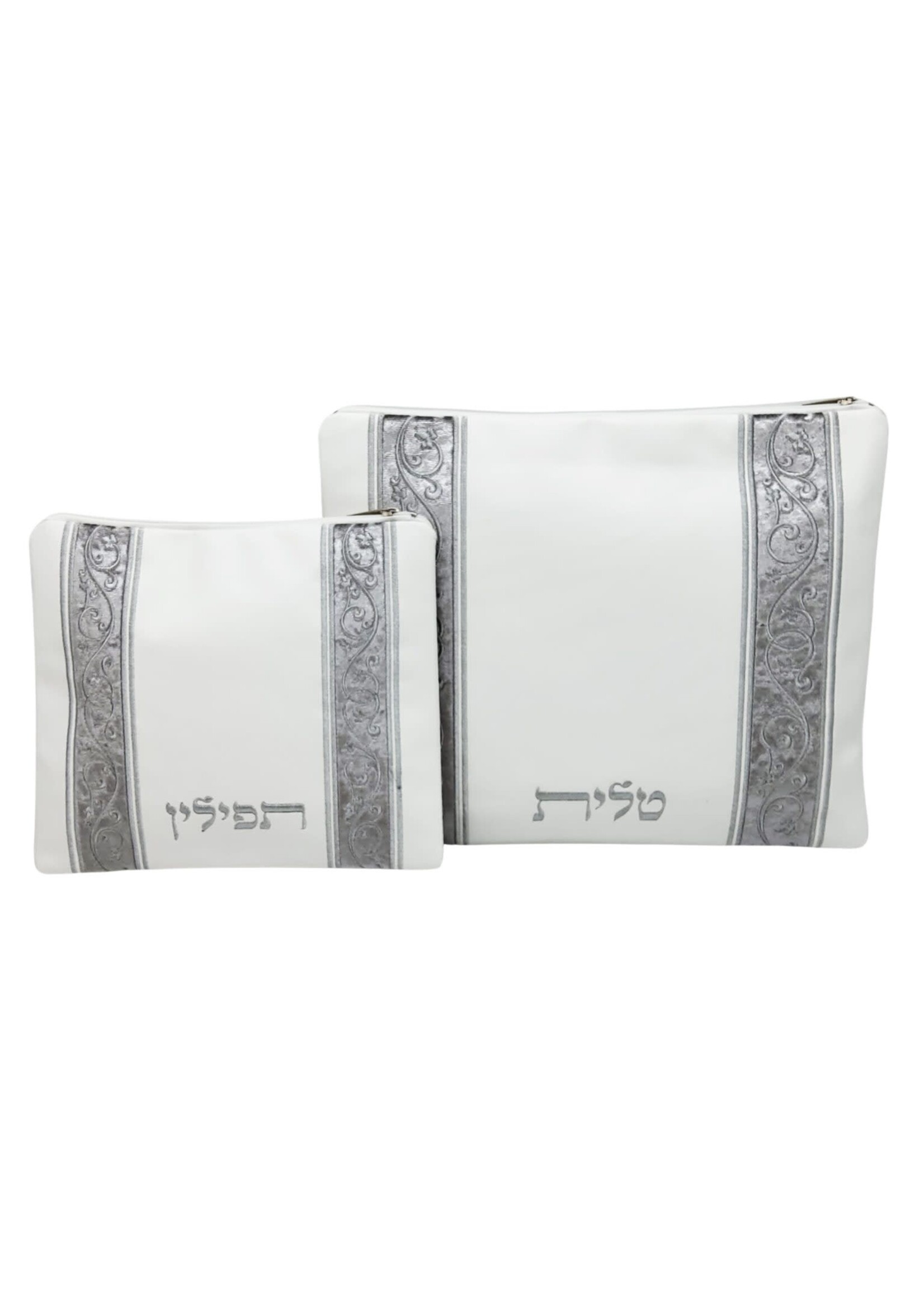 TALLIS & TEFILLIN BAG SET SILVER VINES ON SILVER VELVET WHITE VINYL
