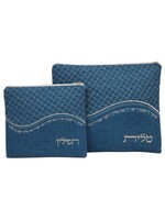 TALIT & TEFILLIN BAG SET BLUE LINEN KOHEN BLESSING