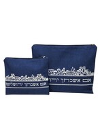 TALLIT AND TEFILLIN SET NAVY LINEN SILVER JERUSAELM