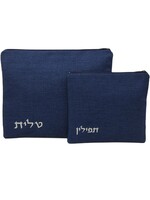 TALIT AND TEFILIN SET NAVY LINEN