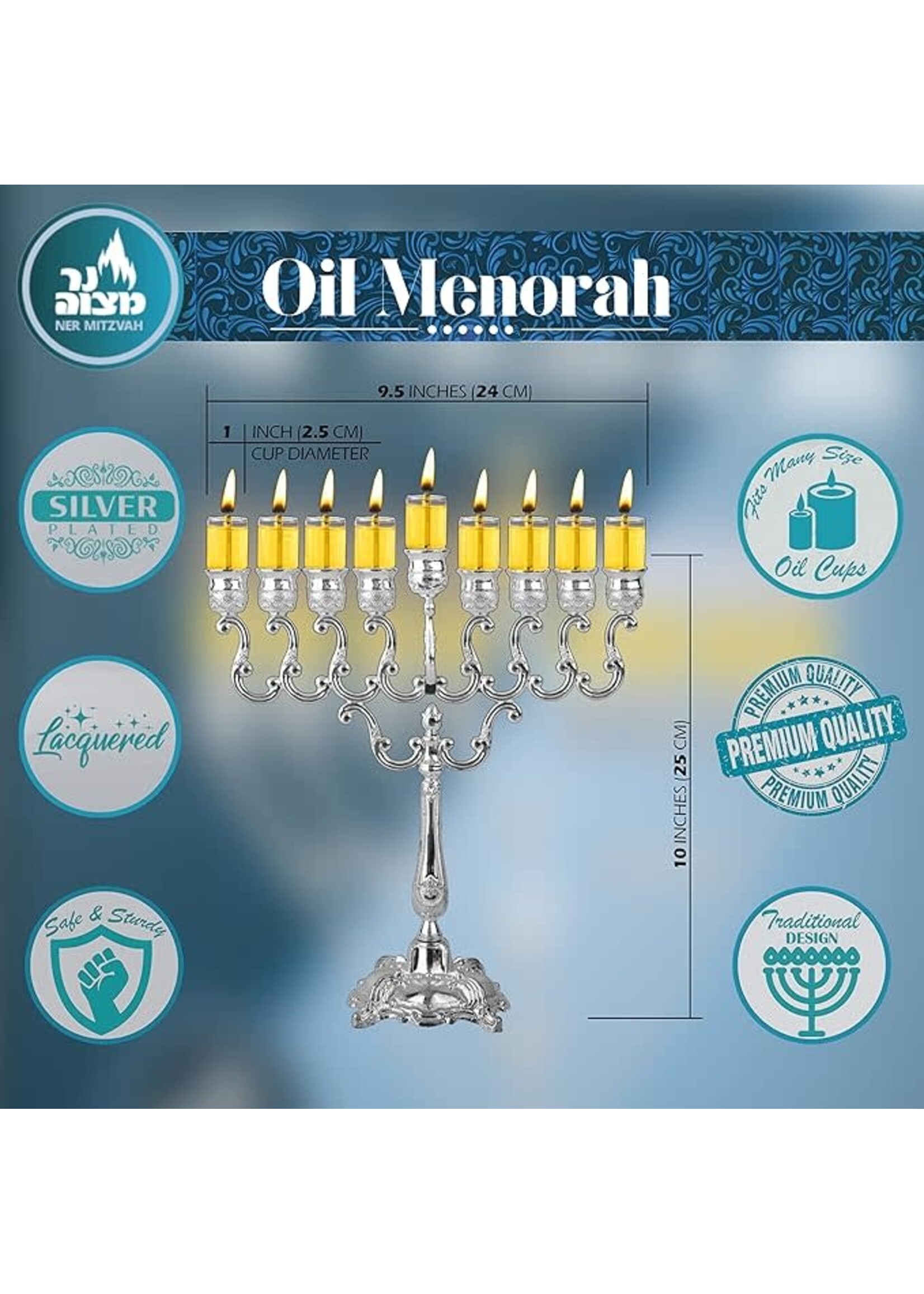MENORAH FOR OIL SILVER PLATE 10"