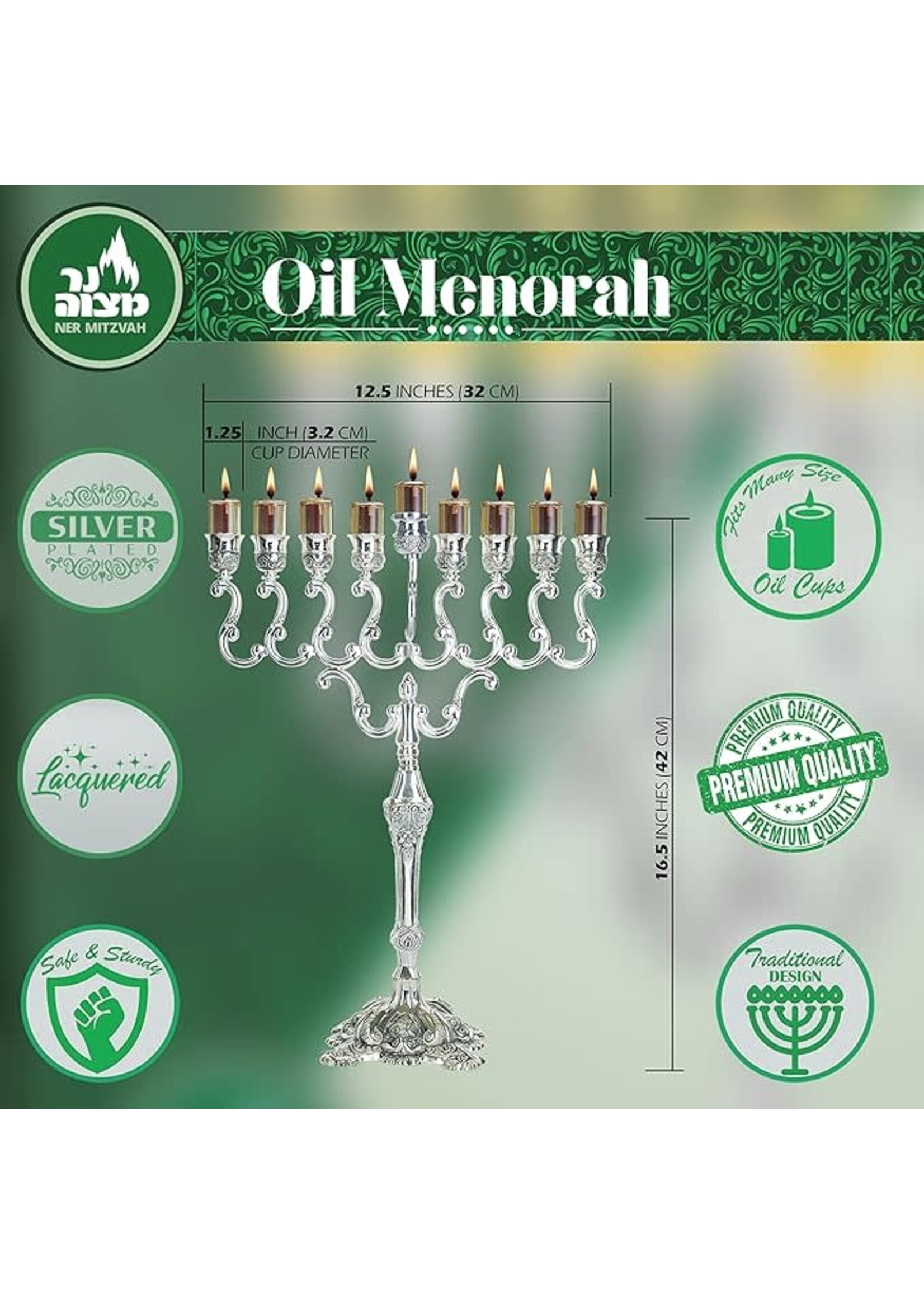 MENORAH   FOR OIL SILVER PLATE 17"