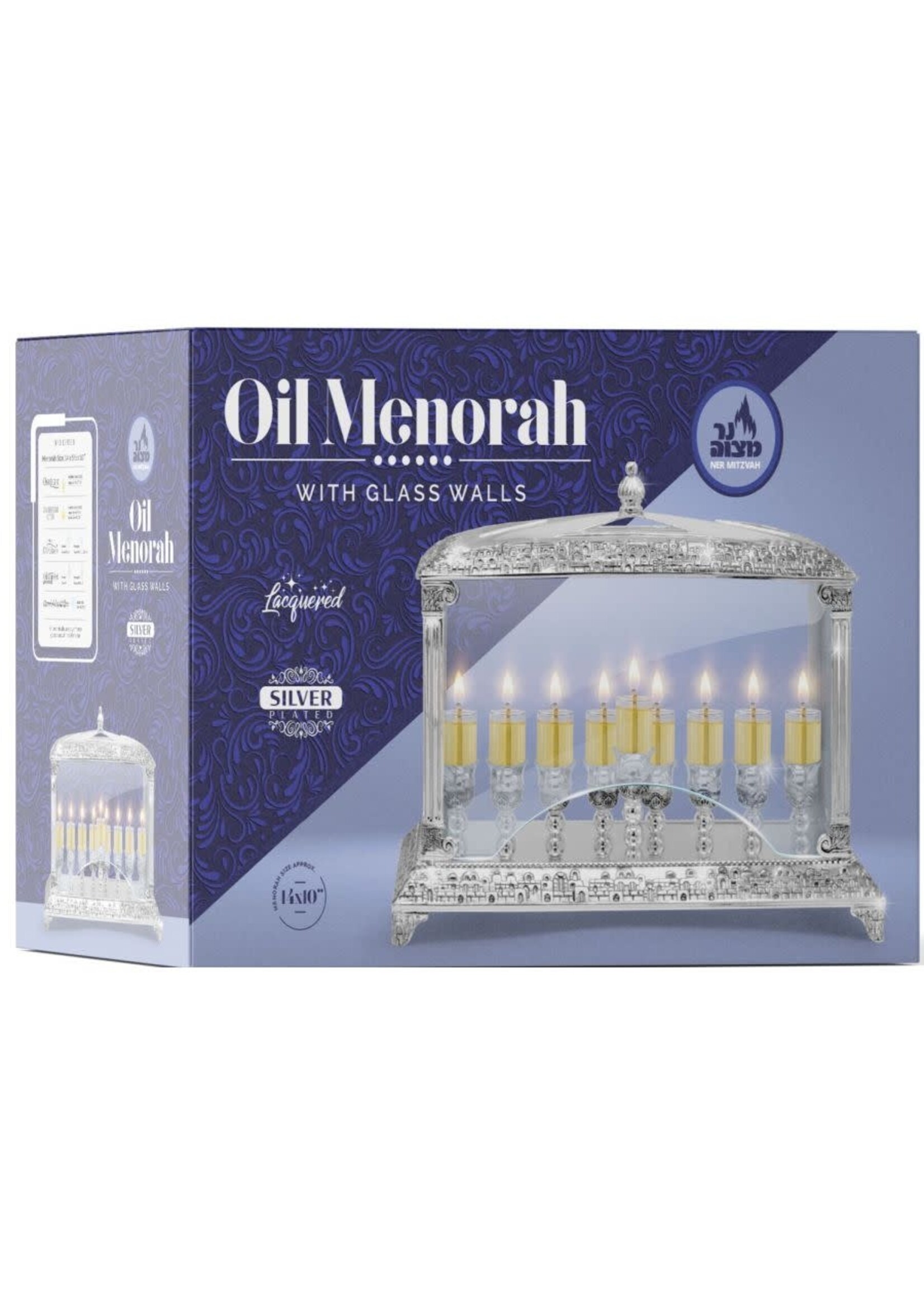 MENORAH IN GLASS BOX SILVER PLATE 14 X 10"