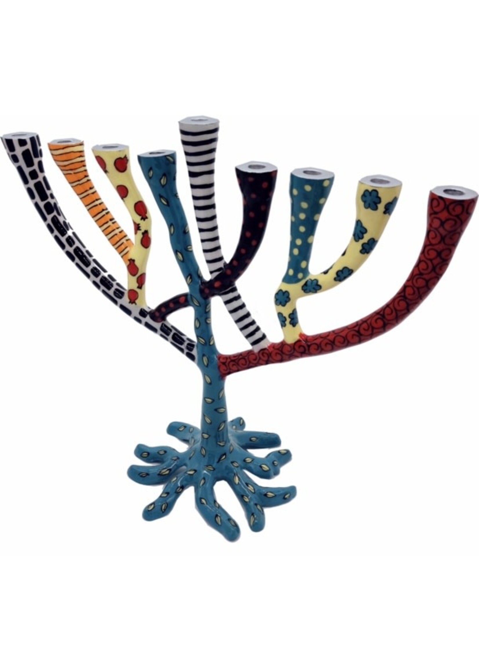 MENORAH METAL TREE OF LIFE COLORFUL PAINTED PATTERNS