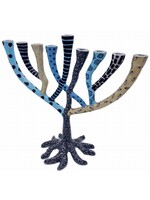 MENORAH METAL  TREE OF LIFE BLUE PAINTED PATTERNS 11"