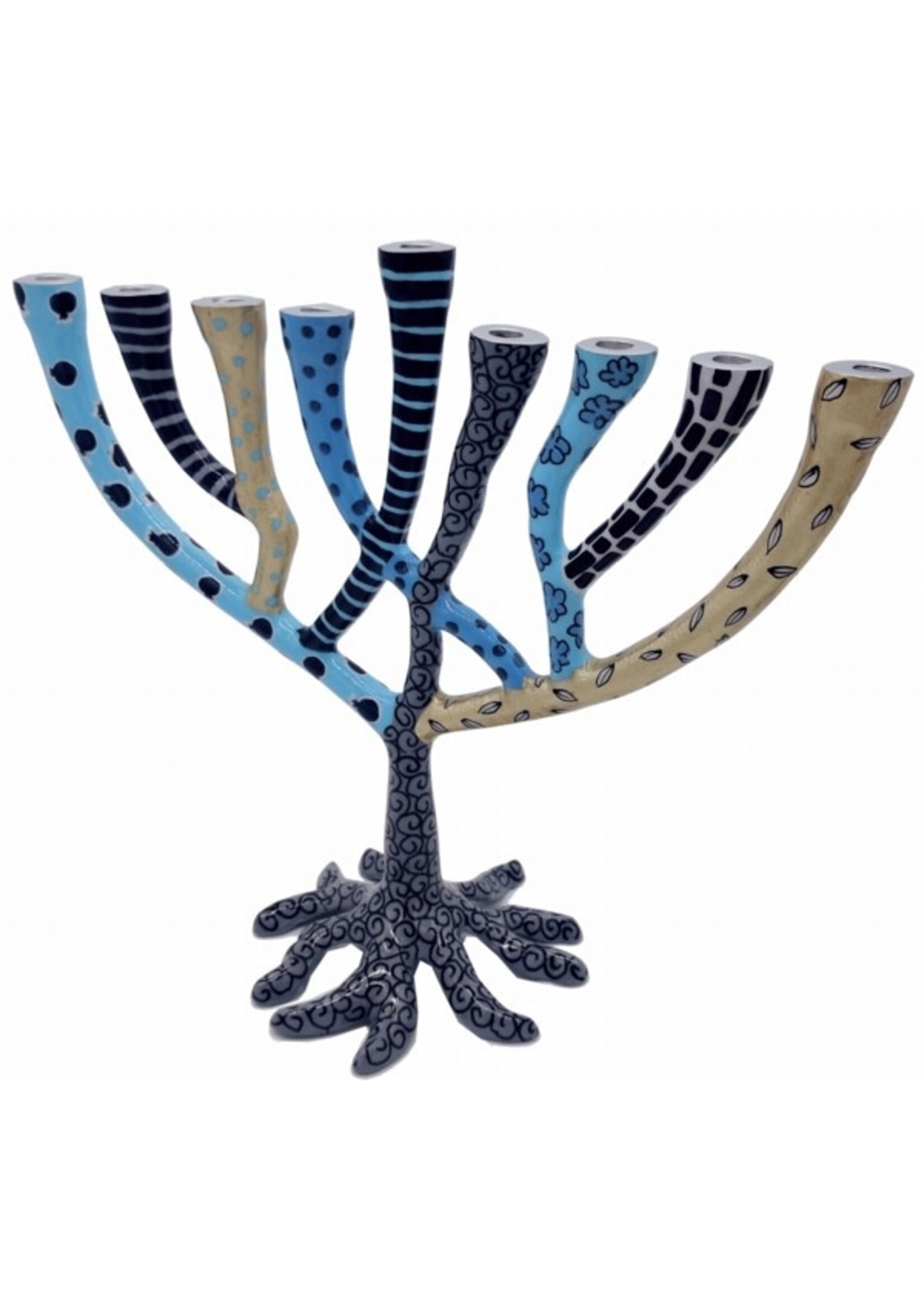 MENORAH METAL  TREE OF LIFE BLUE PAINTED PATTERNS 11"