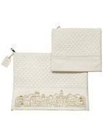 TALIT & TEFILLIN BAG SET  GOLD JERUSALEM EMBOSSED ON WHITE FAUX LEATHER