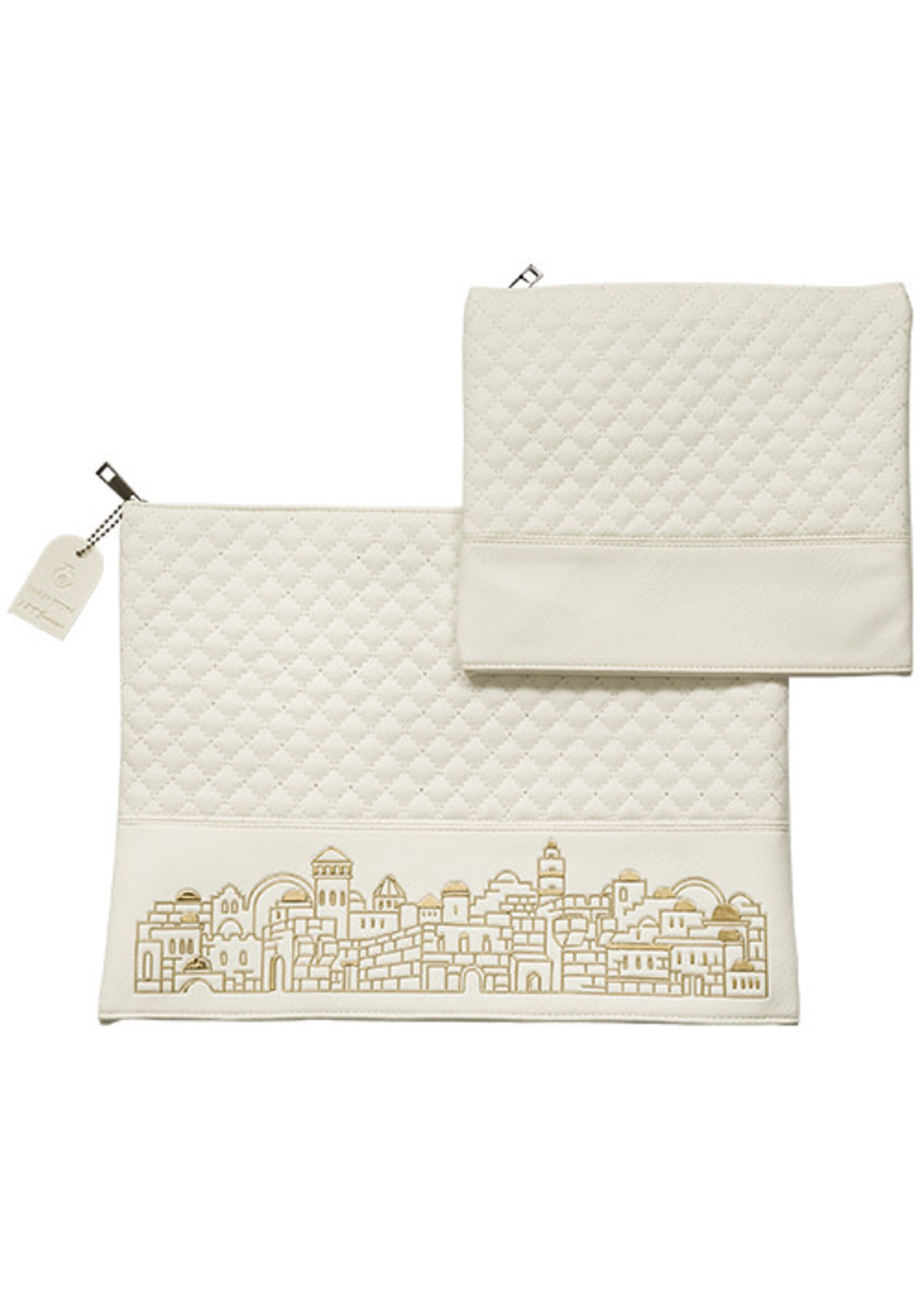 TALIT & TEFILLIN BAG SET  GOLD JERUSALEM EMBOSSED ON WHITE FAUX LEATHER