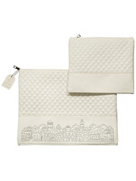 TALIT & TEFILLIN BAG SET - SILVER JERUSALEM ON WHITE FAUX LEATHER