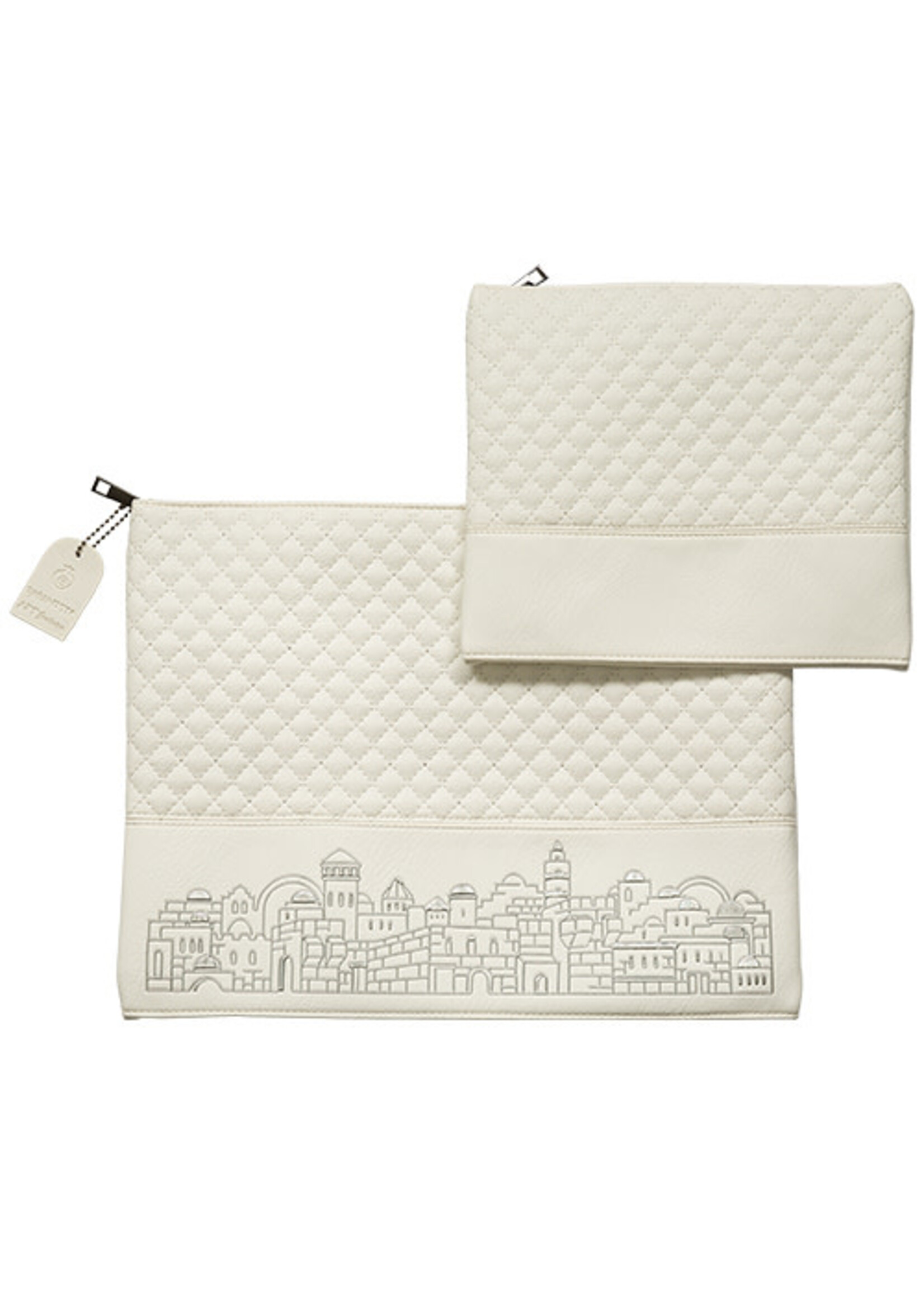 TALIT & TEFILLIN BAG SET - SILVER JERUSALEM ON WHITE FAUX LEATHER