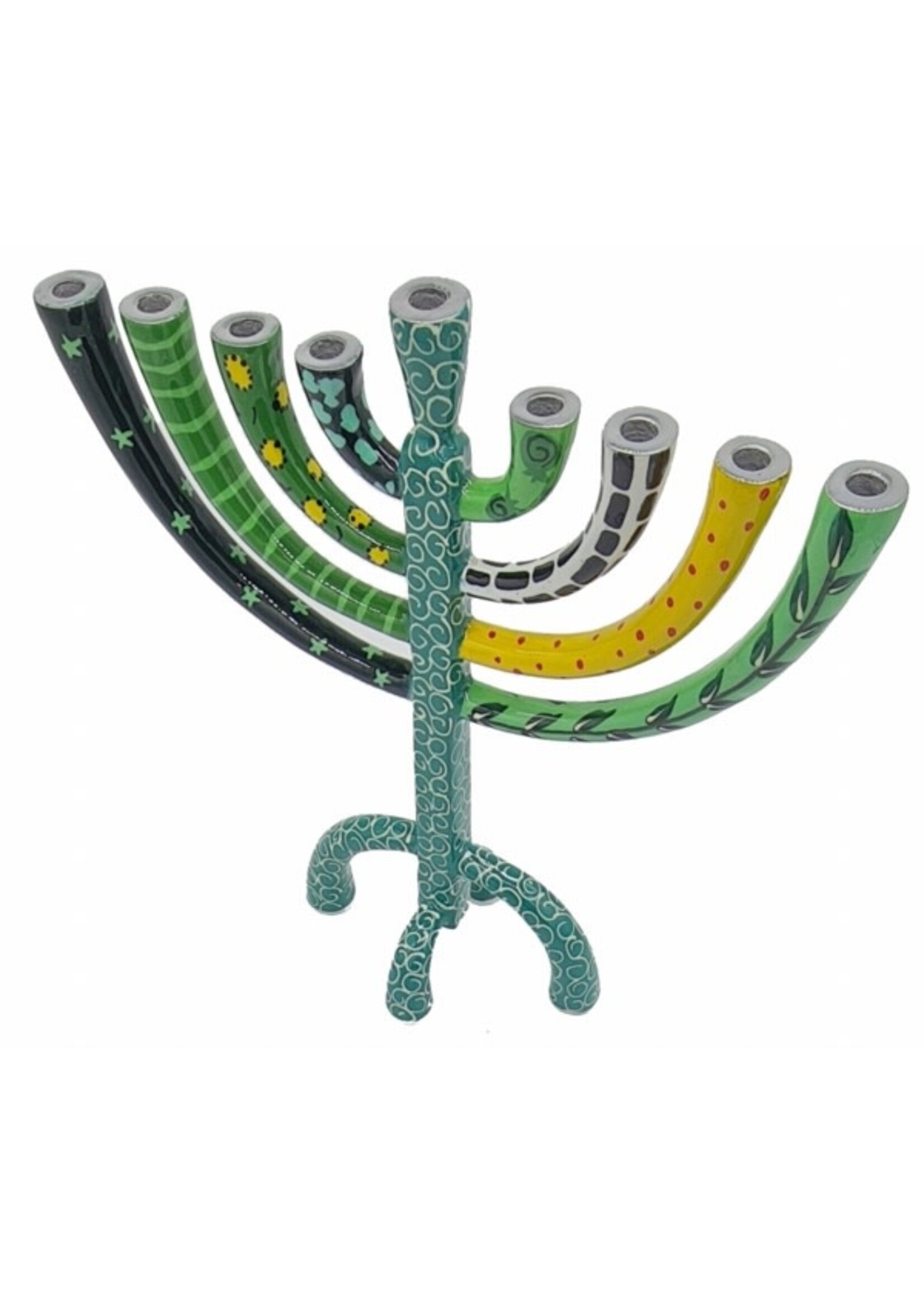 MENORAH METAL GREEN PAINTED PATTERNS SMALL 9"