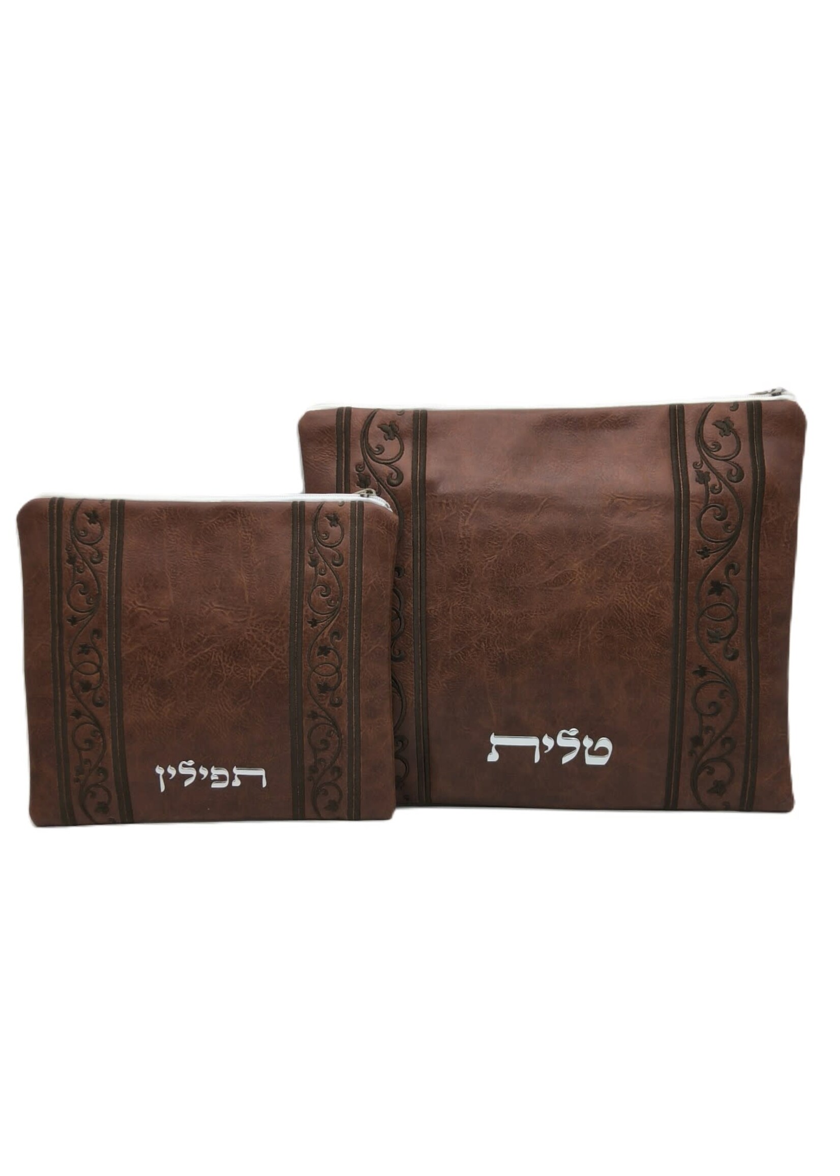 TALIT & TEFILLIN BAG SET BROWN FAUX LEATHER VINE EMBROIDERY