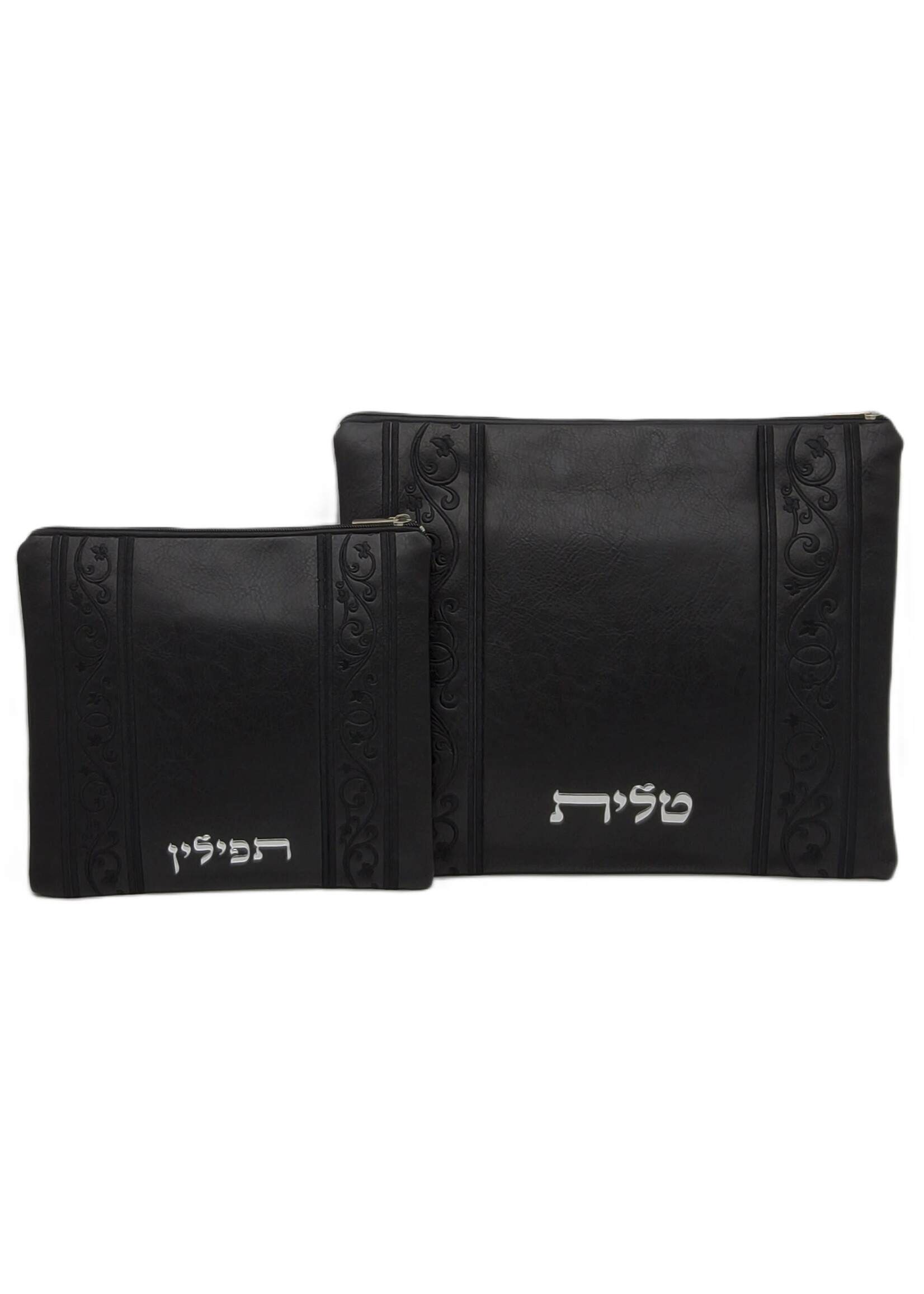 TALIT & TEFILLIN BAG SET BLACK FAUX LEATHER VINES EMBROIDERY