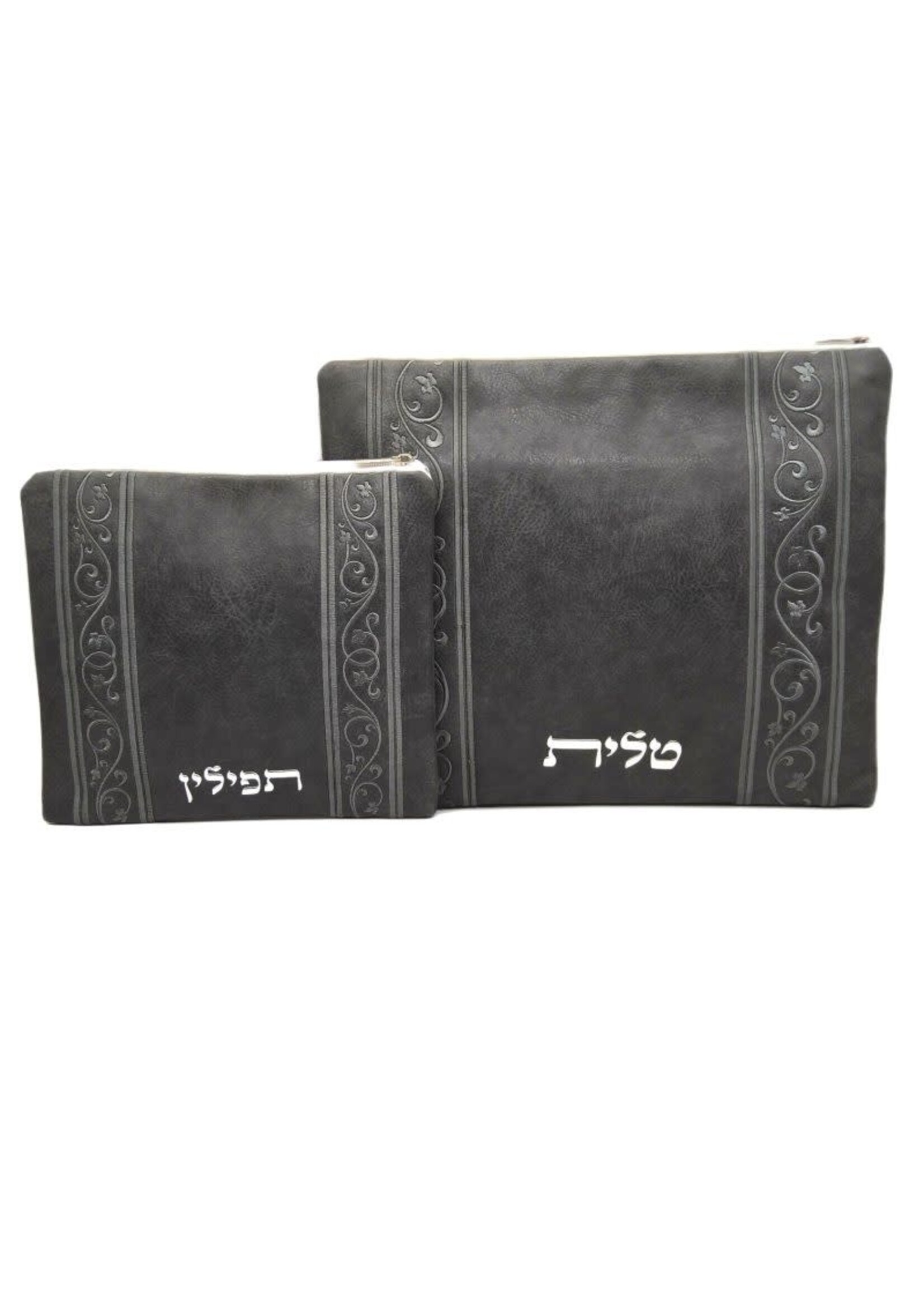 TALIT & TEFILLIN BAG SET GREY FAUX LEATHER VINES EMBROIDERY