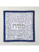 MATZAH COVER WHITE & NAVY BORDER SILVER FILIGREE