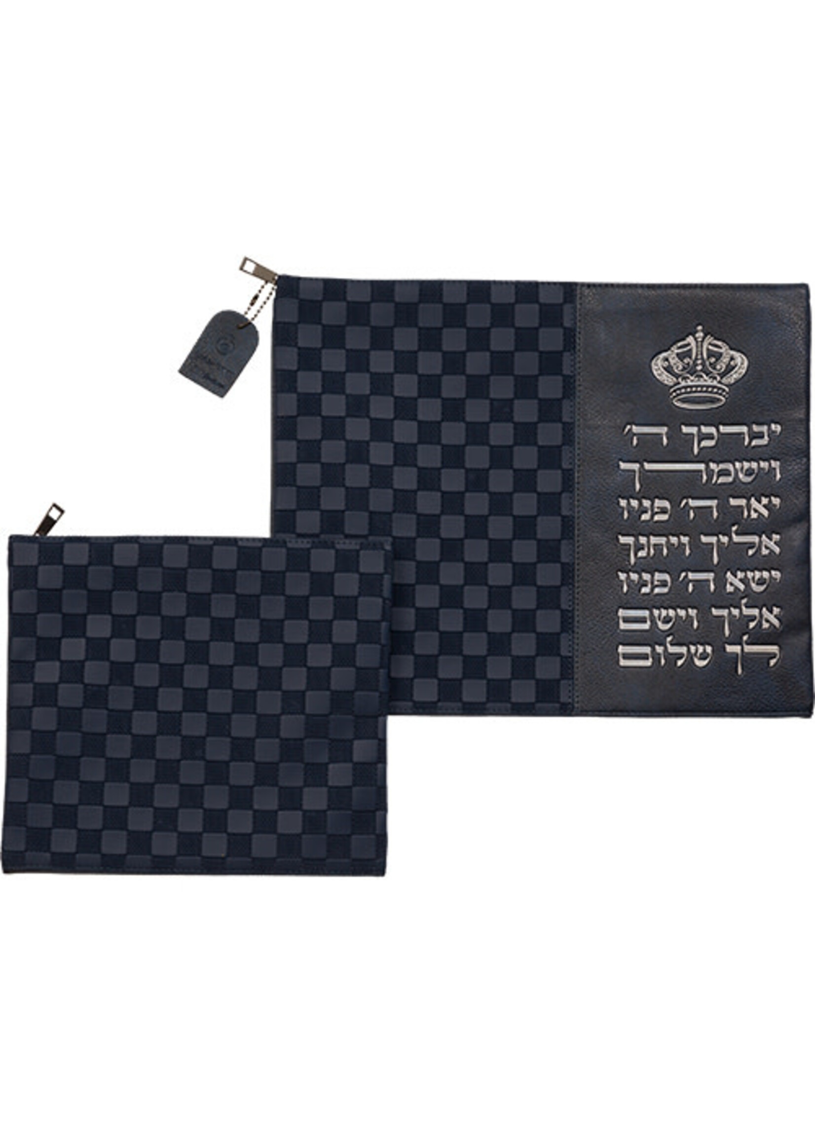TALLIS & TEFILLIN BAG SET BLUE CHECKERED KOHEN BLESSING FAUX LEATHER