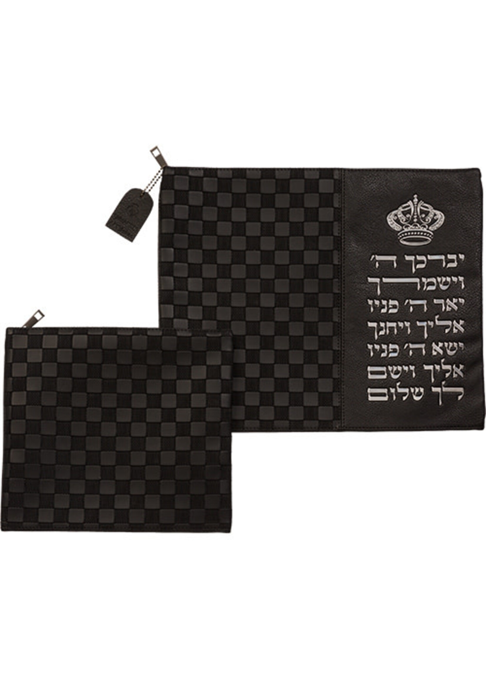 TALLIS & TEFILLIN BAG SET BLACK CHECKERED KOHEN BLESSING FAUX LEATHER