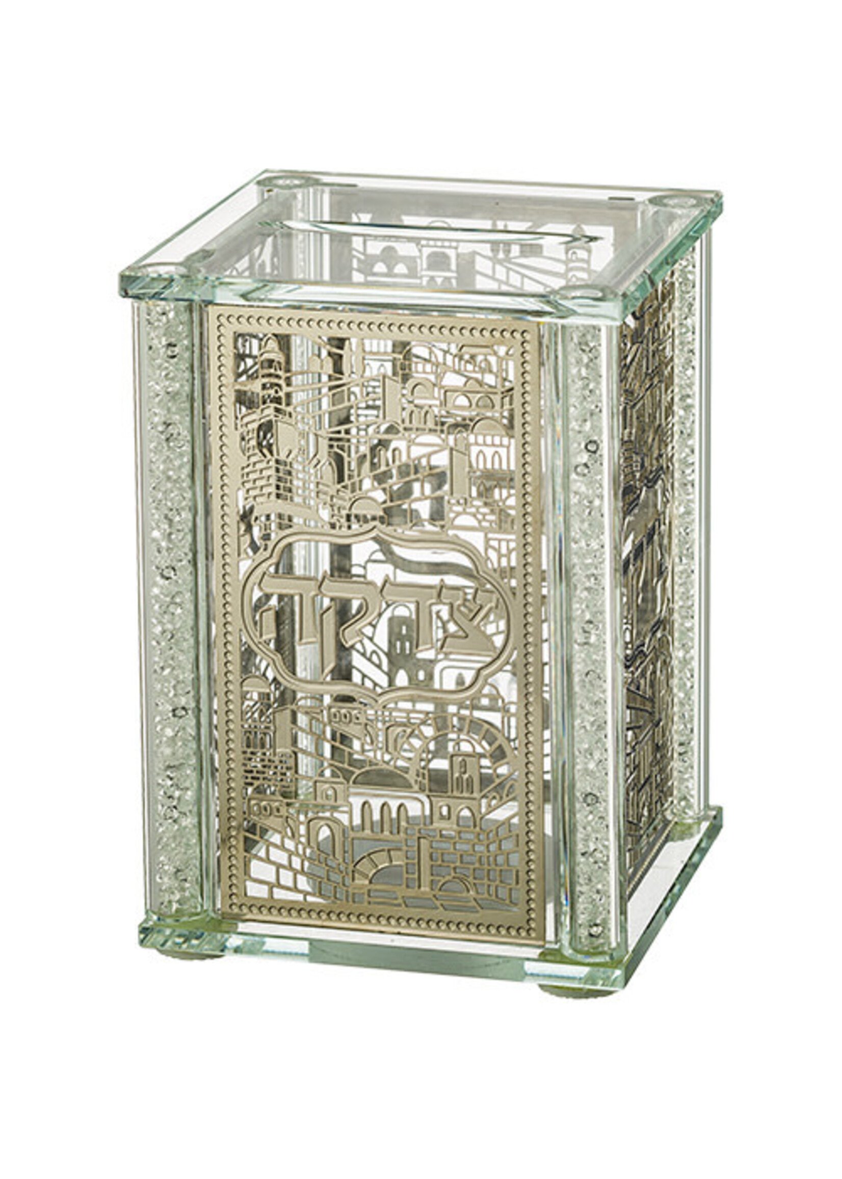 TZEDAKAH BOX CRYSTAL LASER CUT JERUSALEM CHIP FILLED PILLARS