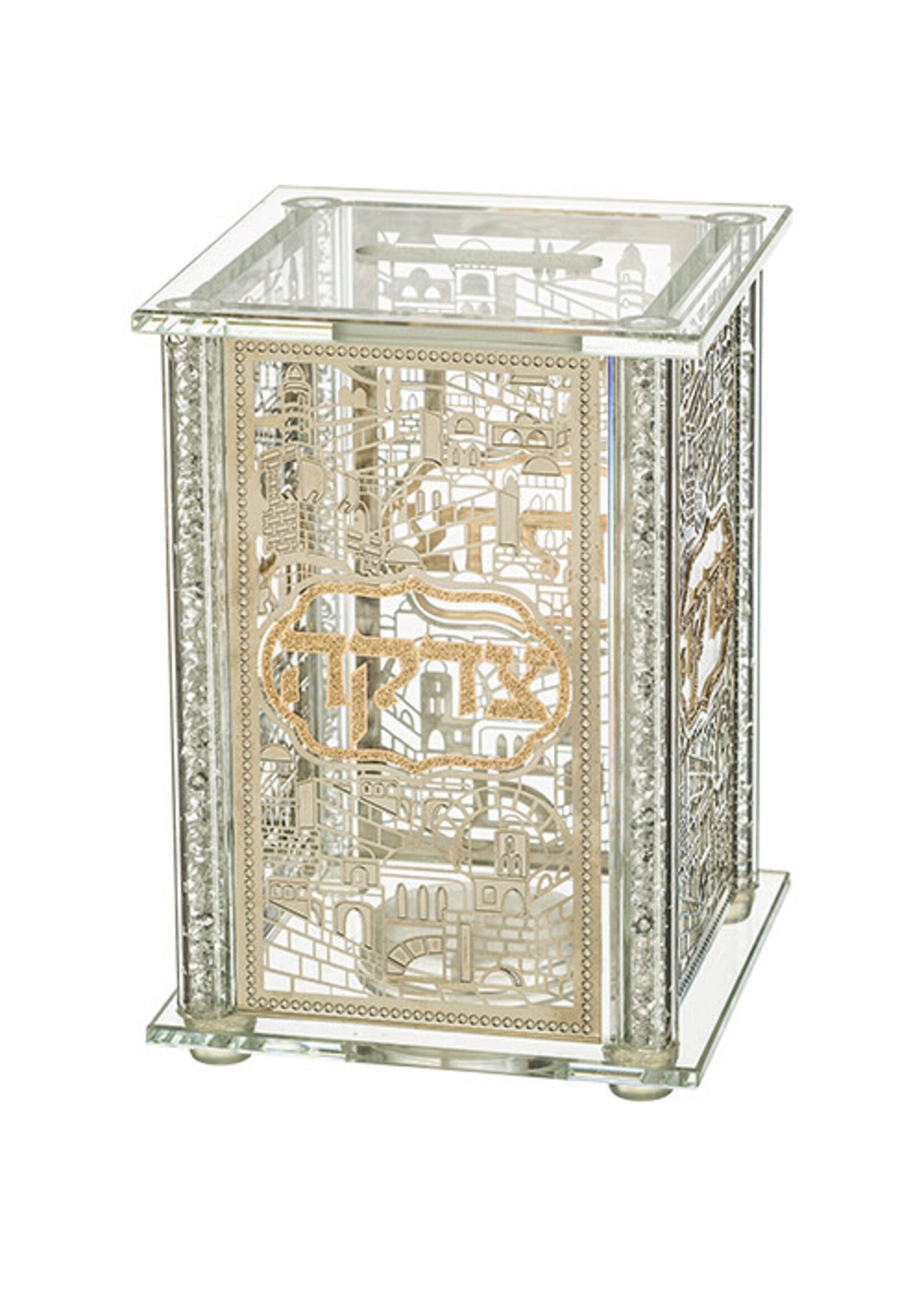 TZEDAKAH BOX CRYSTAL LAZERCUT SILVER JERUSALEM CITY