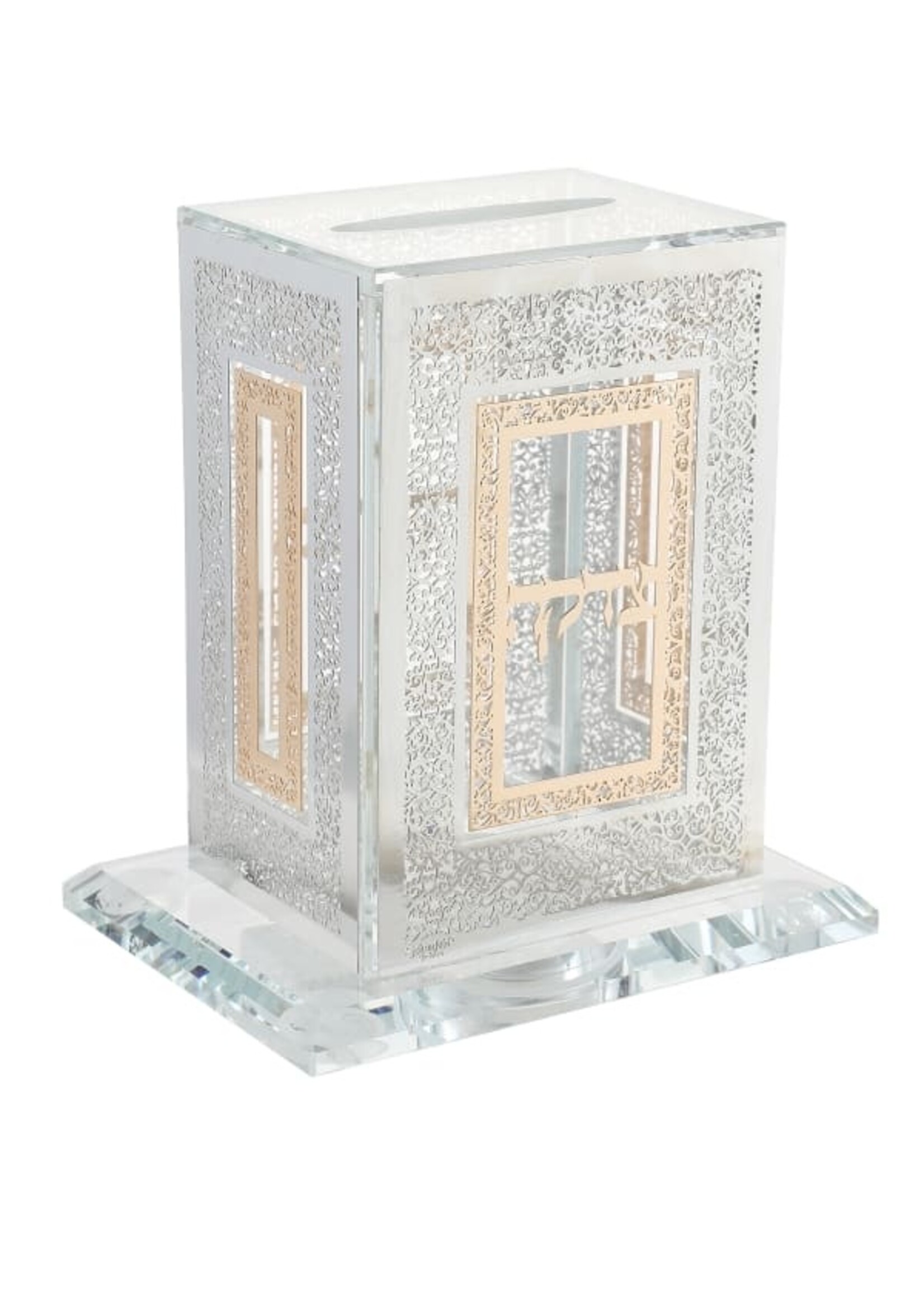 TZEDAKAH BOX CRYSTAL SILVER & GOLD FILIGREE PLATES