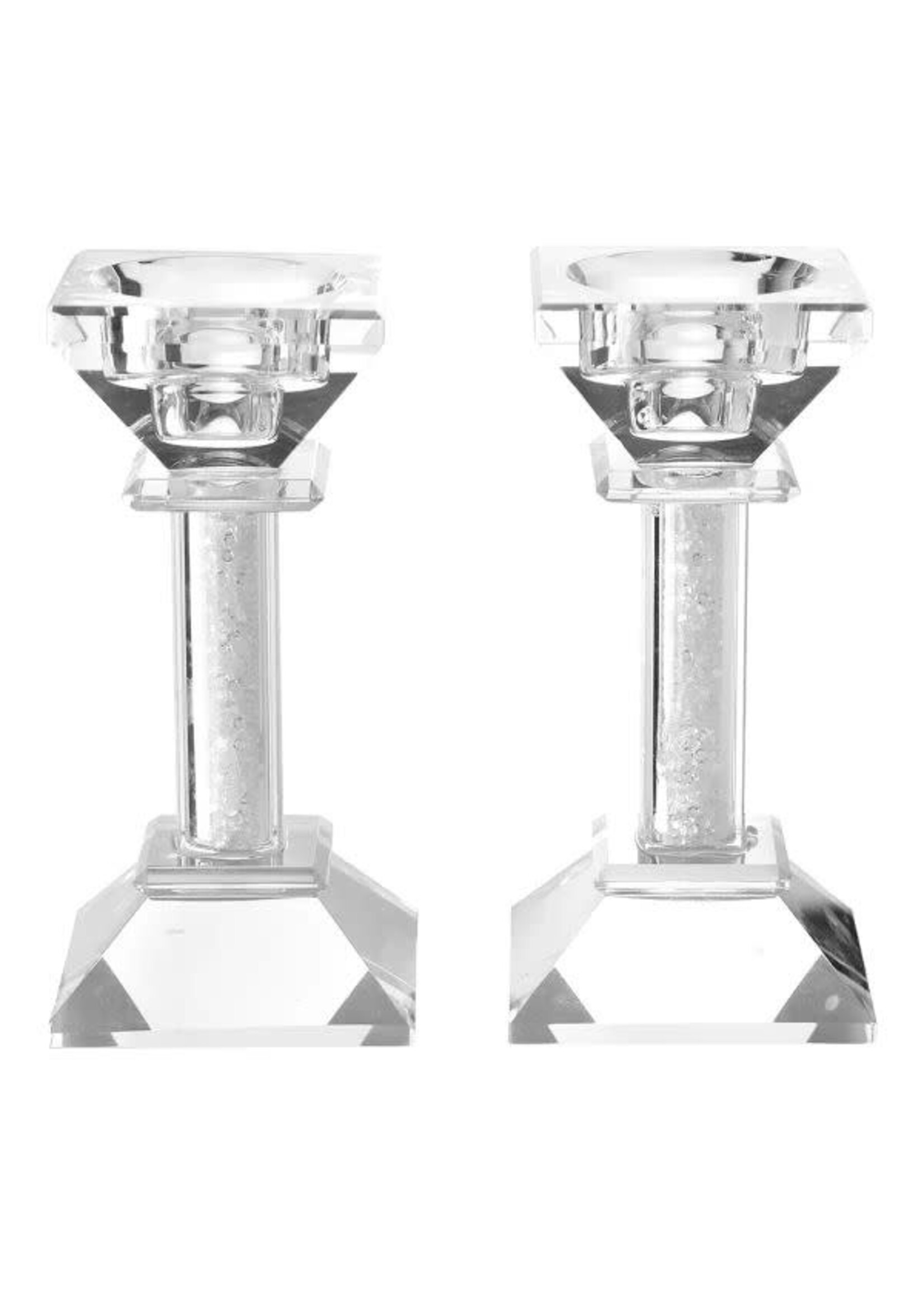 CANDLESTICKS CRYSTAL BLOCKS WITH CHIP FILLED STEM 5"