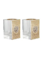 CANDLE HOLDERS CRYSTAL BLOCK & LASER CUT GOLD FILIGREE