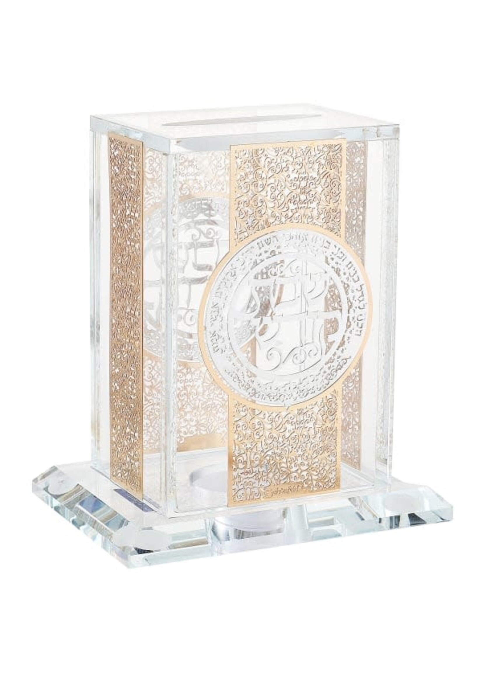 TZEDAKAH BOX CRYSTAL GOLD FILIGREE PLATES