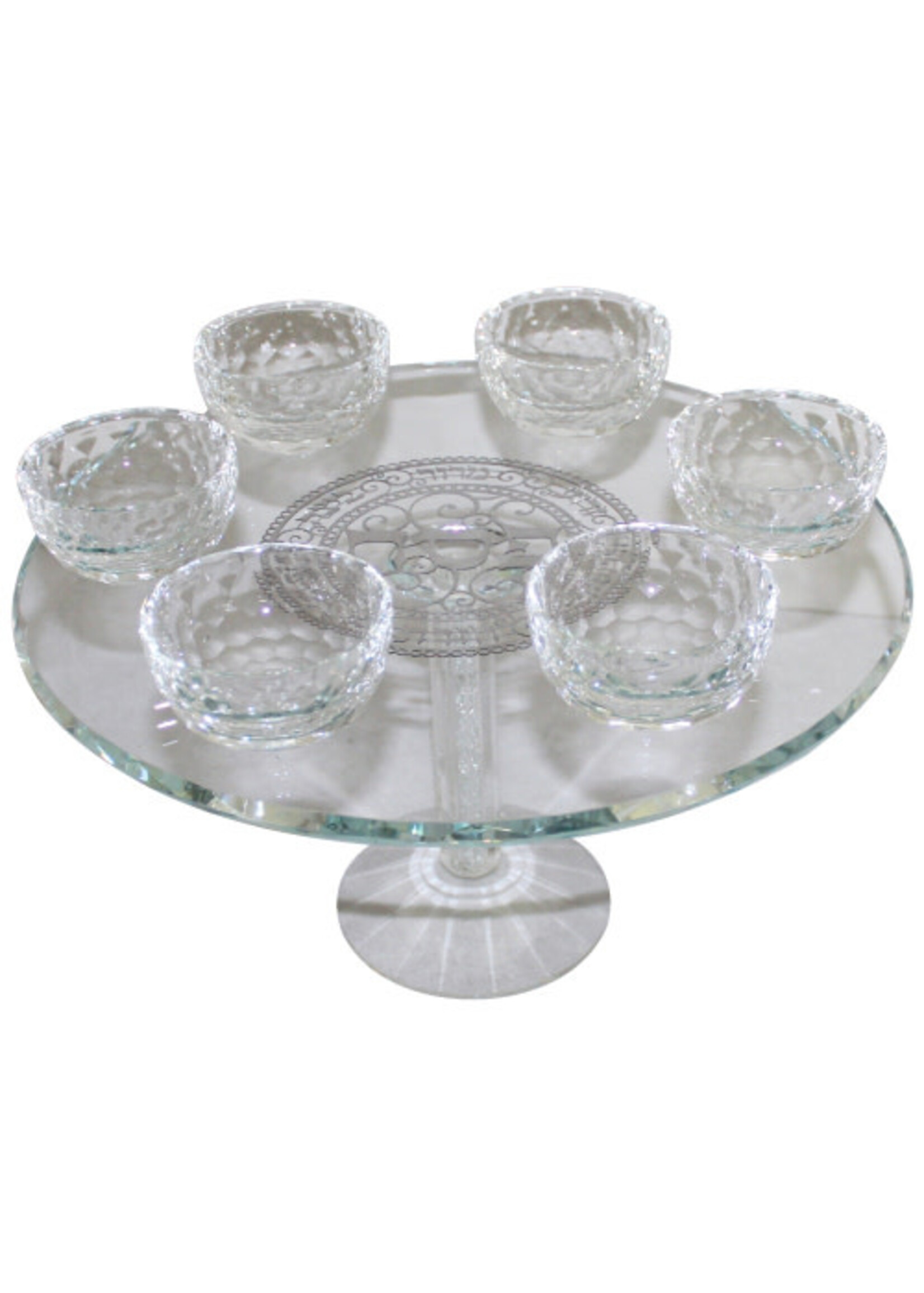SEDER PLATE CRYSTAL ON PEDESTAL CRYSTAL  SILVER LASER CUT
