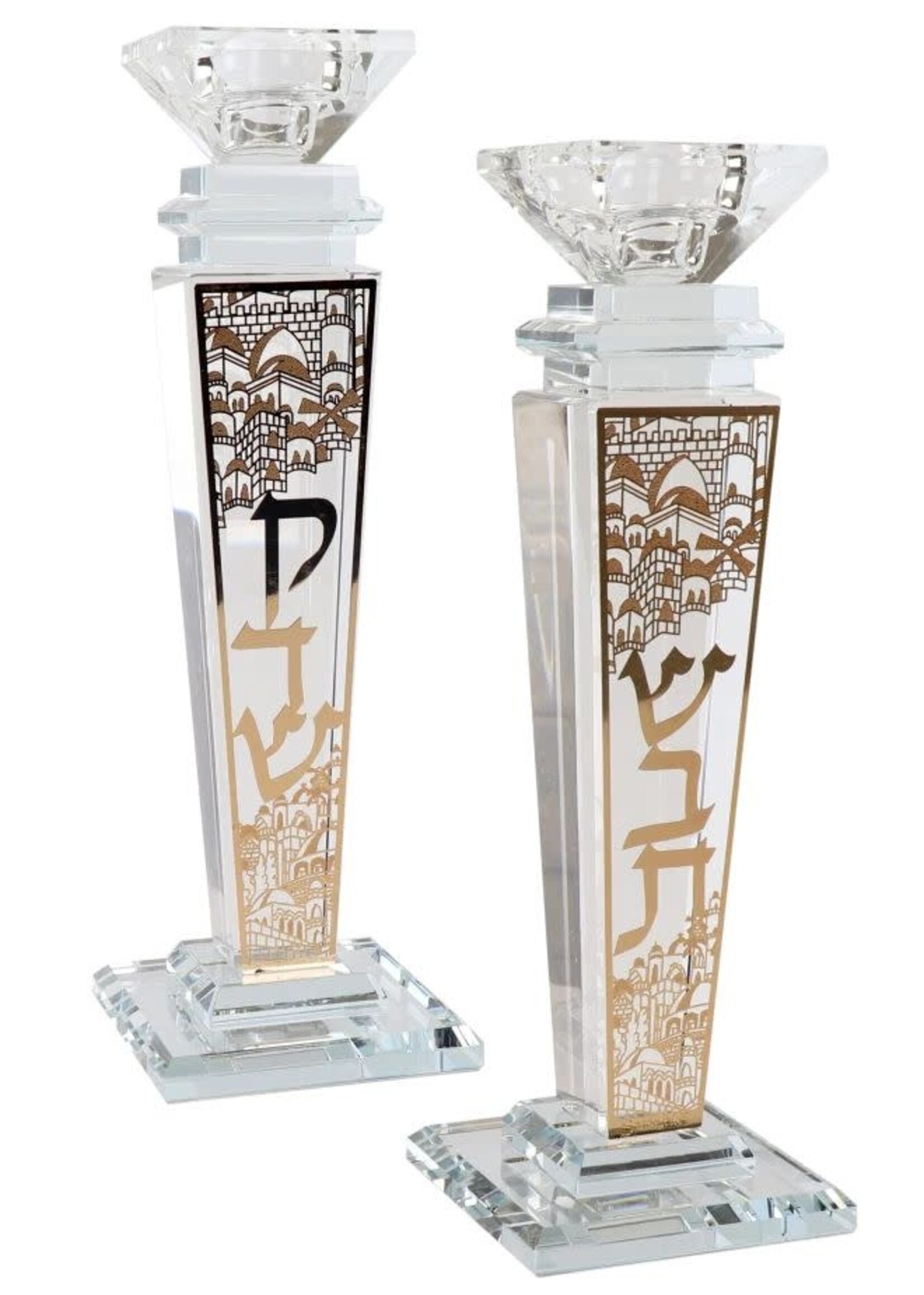 CANDLESTICKS CRYSTAL GOLD LAZER CUT JERUSALEM