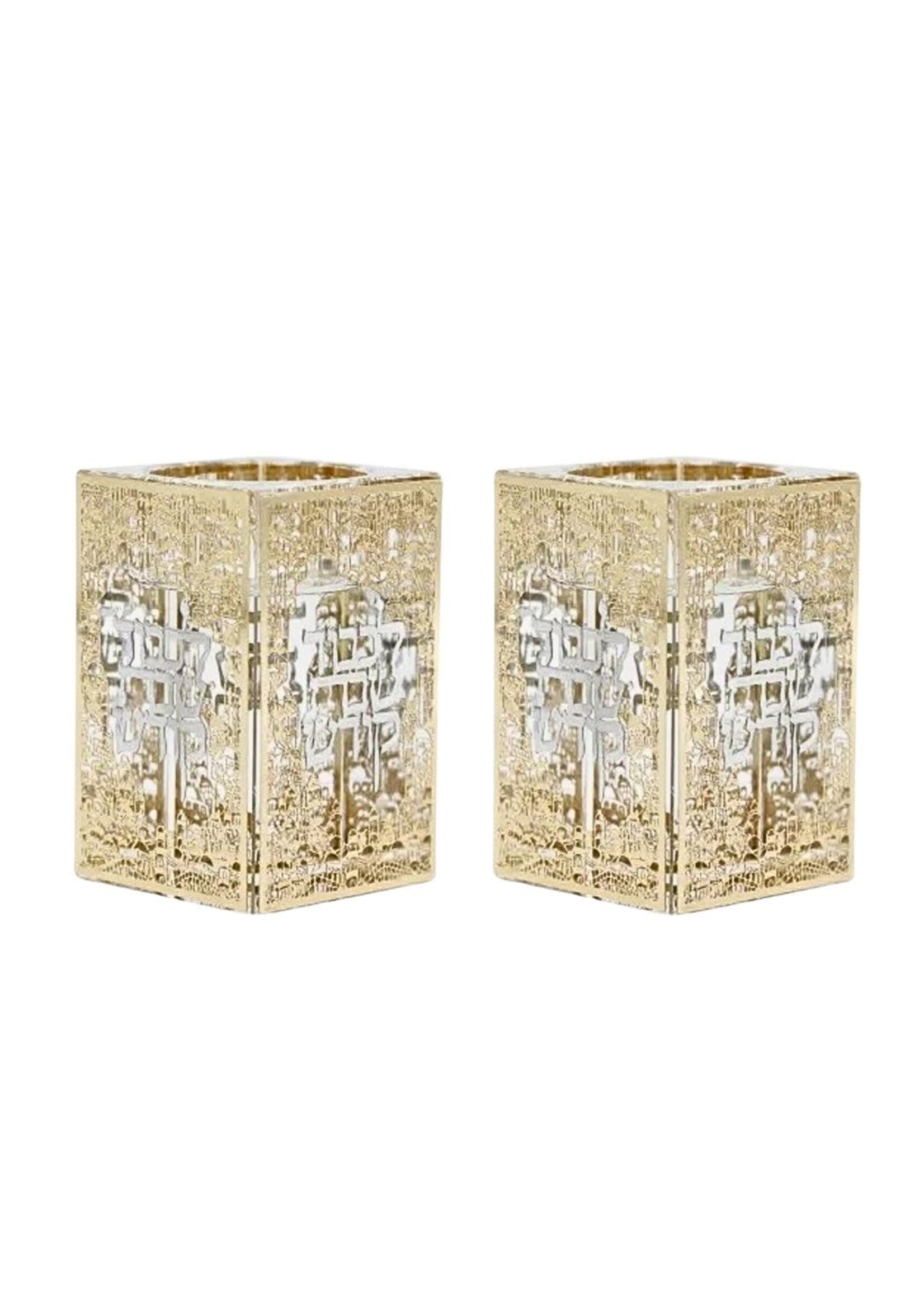 CANDLE HOLDERS CRYSTAL BLOCK & LASER CUT GOLD JERUSALEM