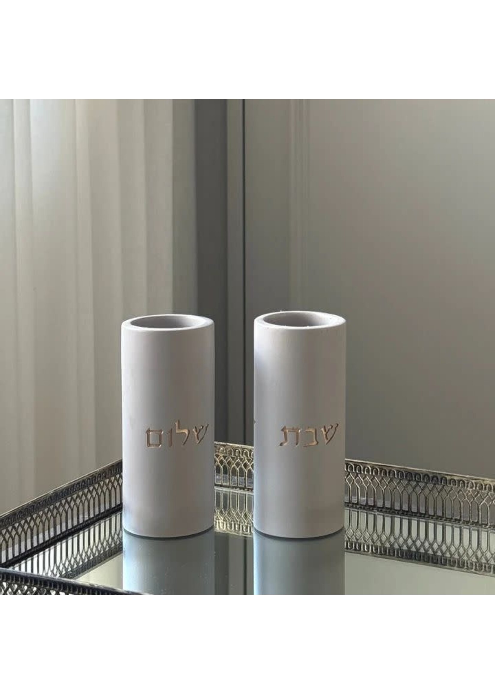 CANDLESTICKS  CEMENT WHITE WITH GOLD "SHABBAT SHALOM"