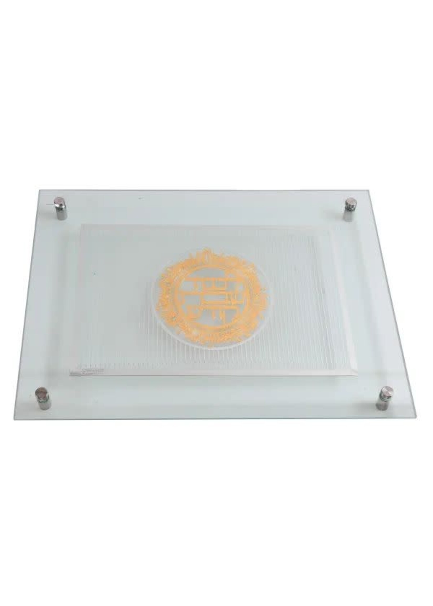 CHALLAH BOARD GLASS LASER CUT GOLD  JERUSALEM CIRCLE  "L'KAVOD SHABBAT KODESH"