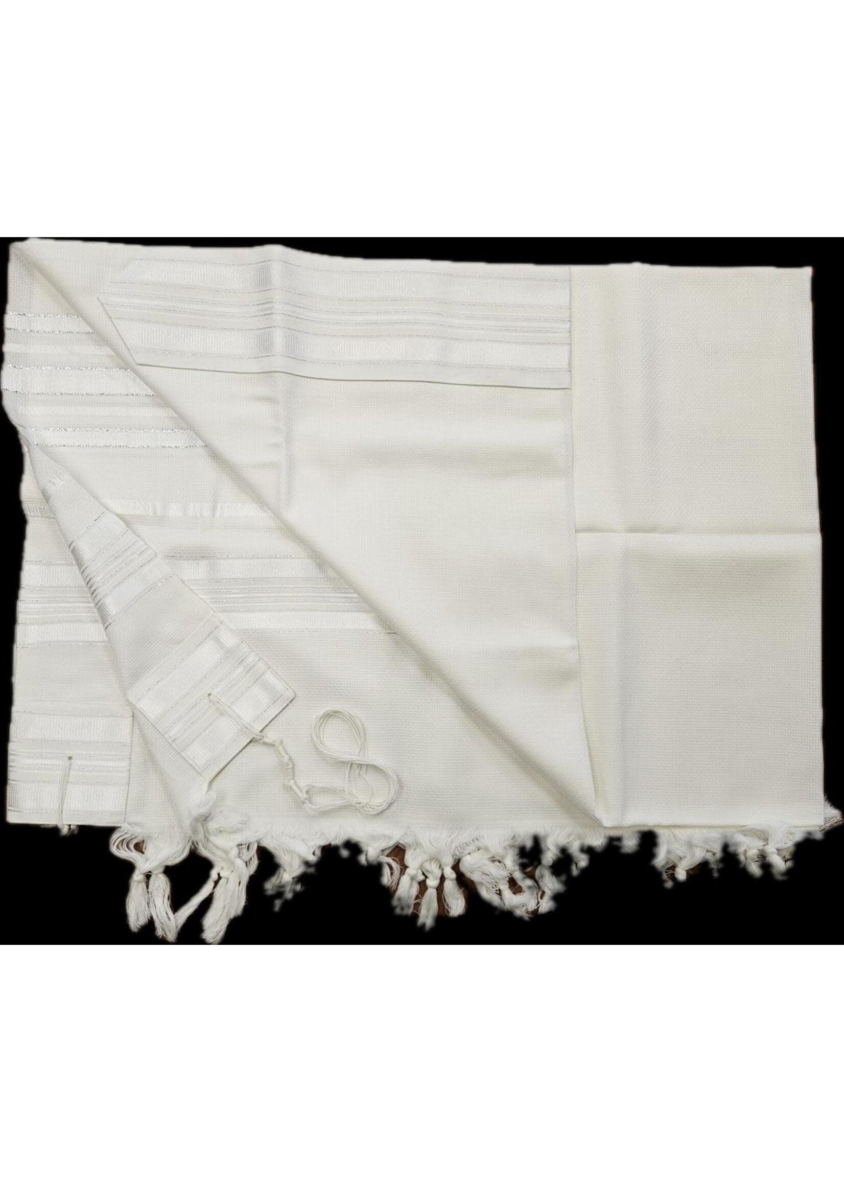 MMJ TALIS WOOL SEFARDI NON-SLIP  WHITE  & SILVER AVODAS YAD THICK