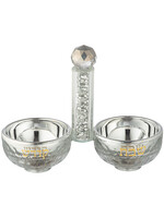 SALT & PEPPER DISH CRYSTAL SILVER CHIPS STEM GOLD "SHABBAT KODESH"