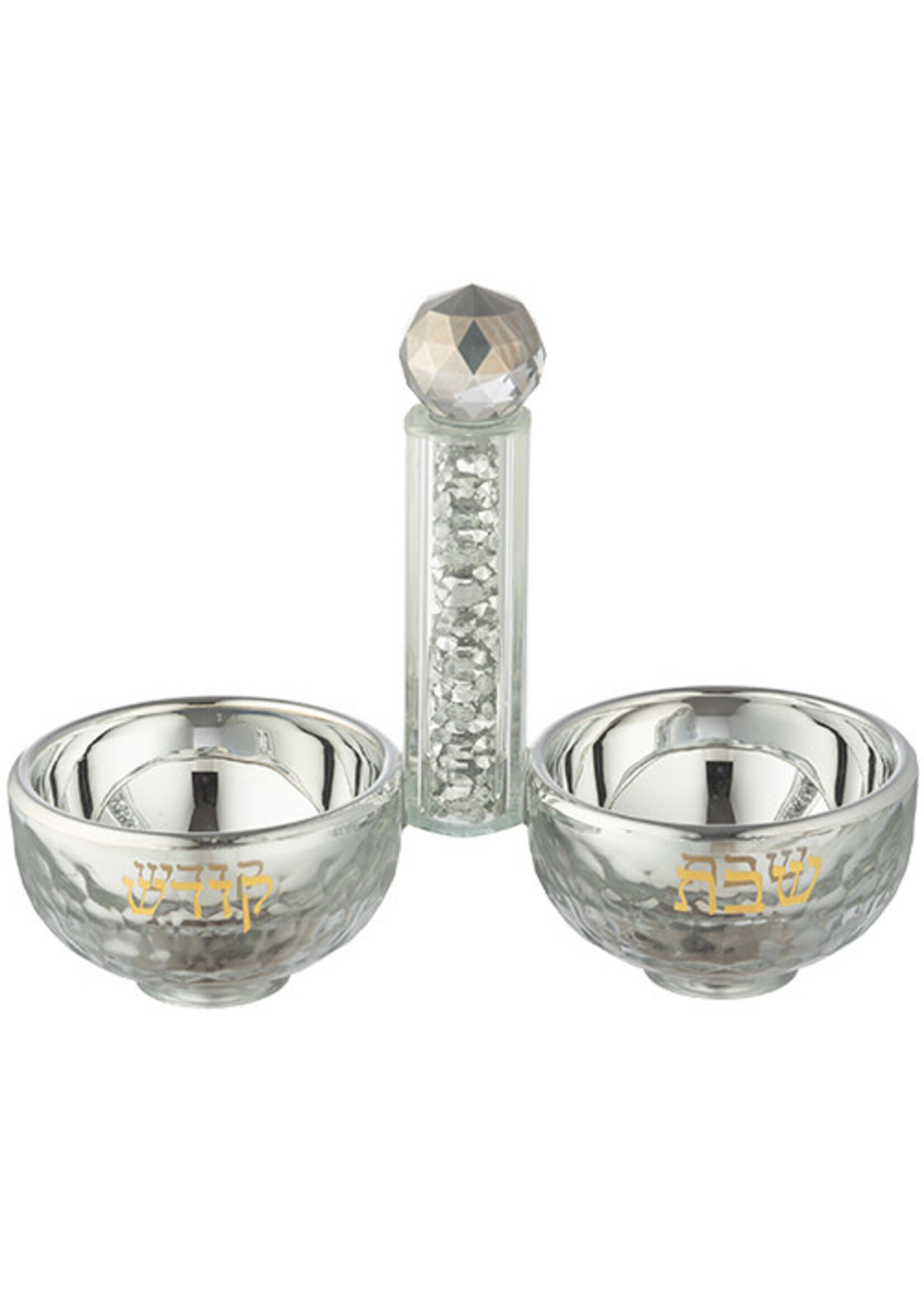 SALT & PEPPER DISH CRYSTAL SILVER CHIPS STEM GOLD "SHABBAT KODESH"
