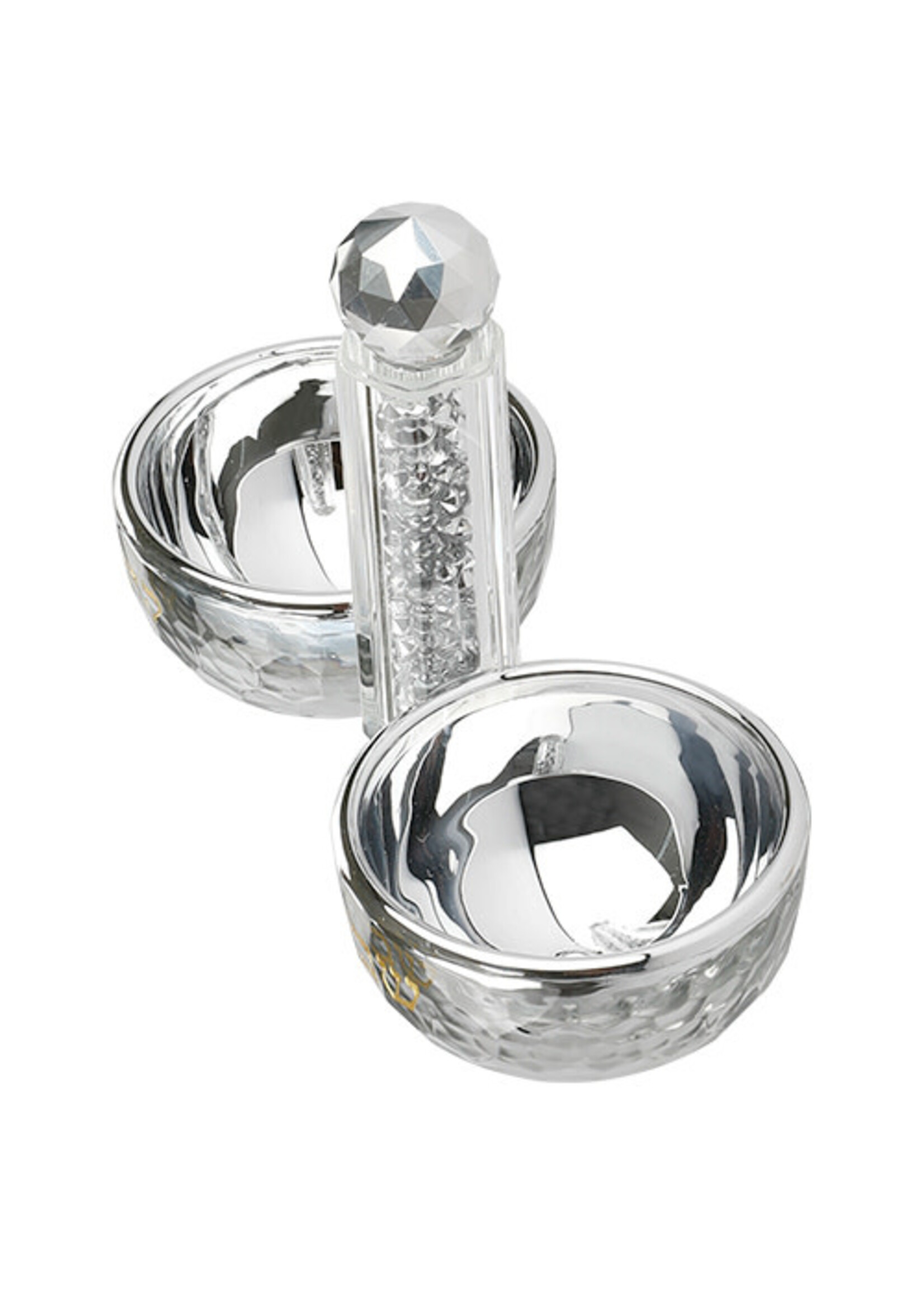SALT & PEPPER DISH CRYSTAL SILVER CHIPS STEM GOLD "SHABBAT KODESH"