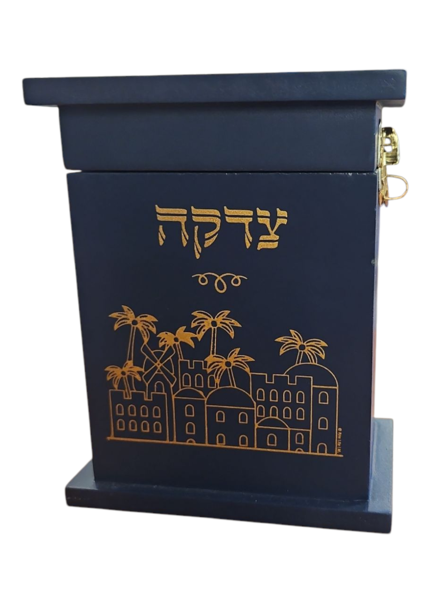 CHARITY BOX WOOD BLUE GOLD JERUSALEM CITY WITH LOCK & KEY