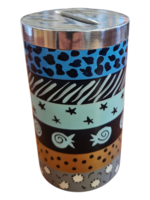 TZEDAKAH BOX PAINTED BLUE  PATTERNS