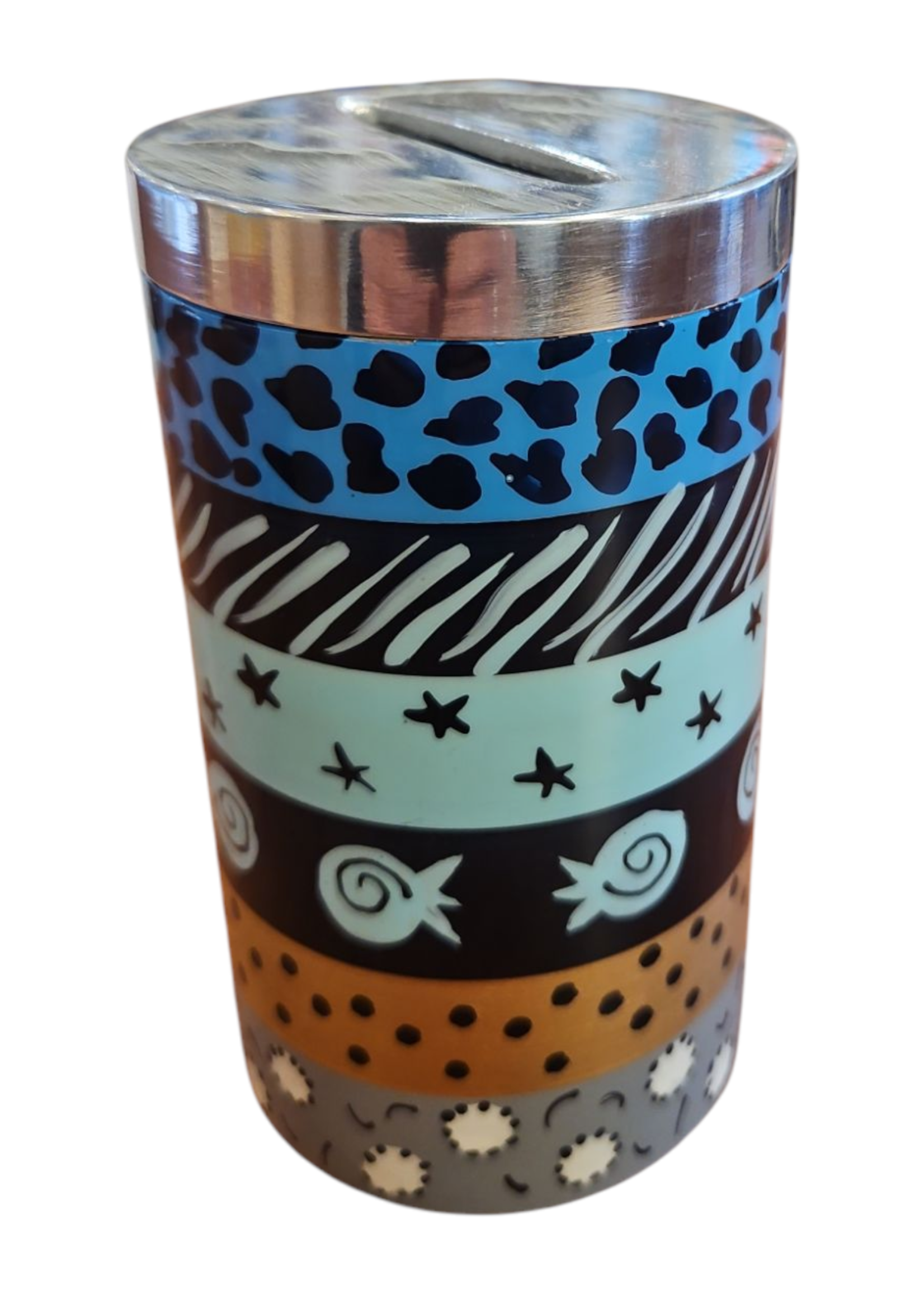 TZEDAKAH BOX PAINTED BLUE  PATTERNS