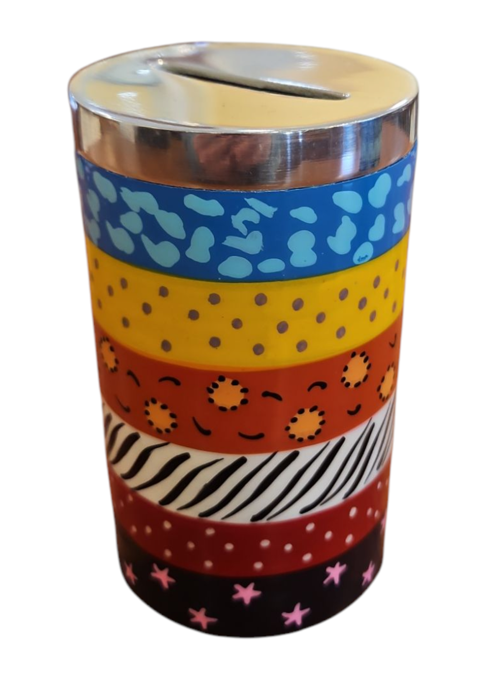TZEDAKAH BOX PAINTED COLORFUL PATTERNS