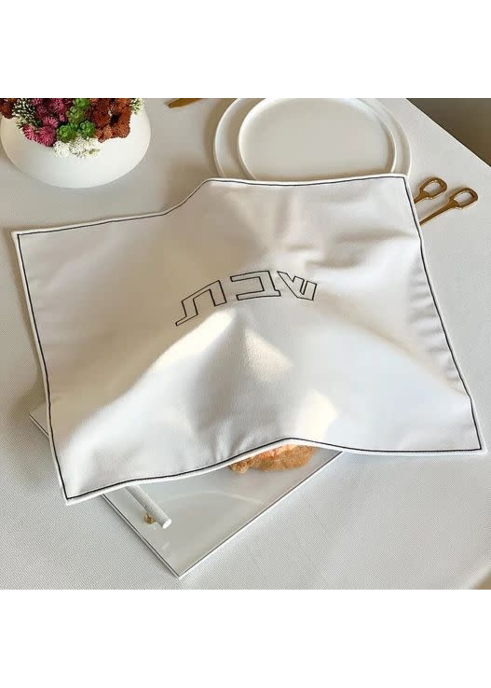 CHALLAH COVER WHITE CORDUROY BLACK "SHABBAT" EMBROIDERY
